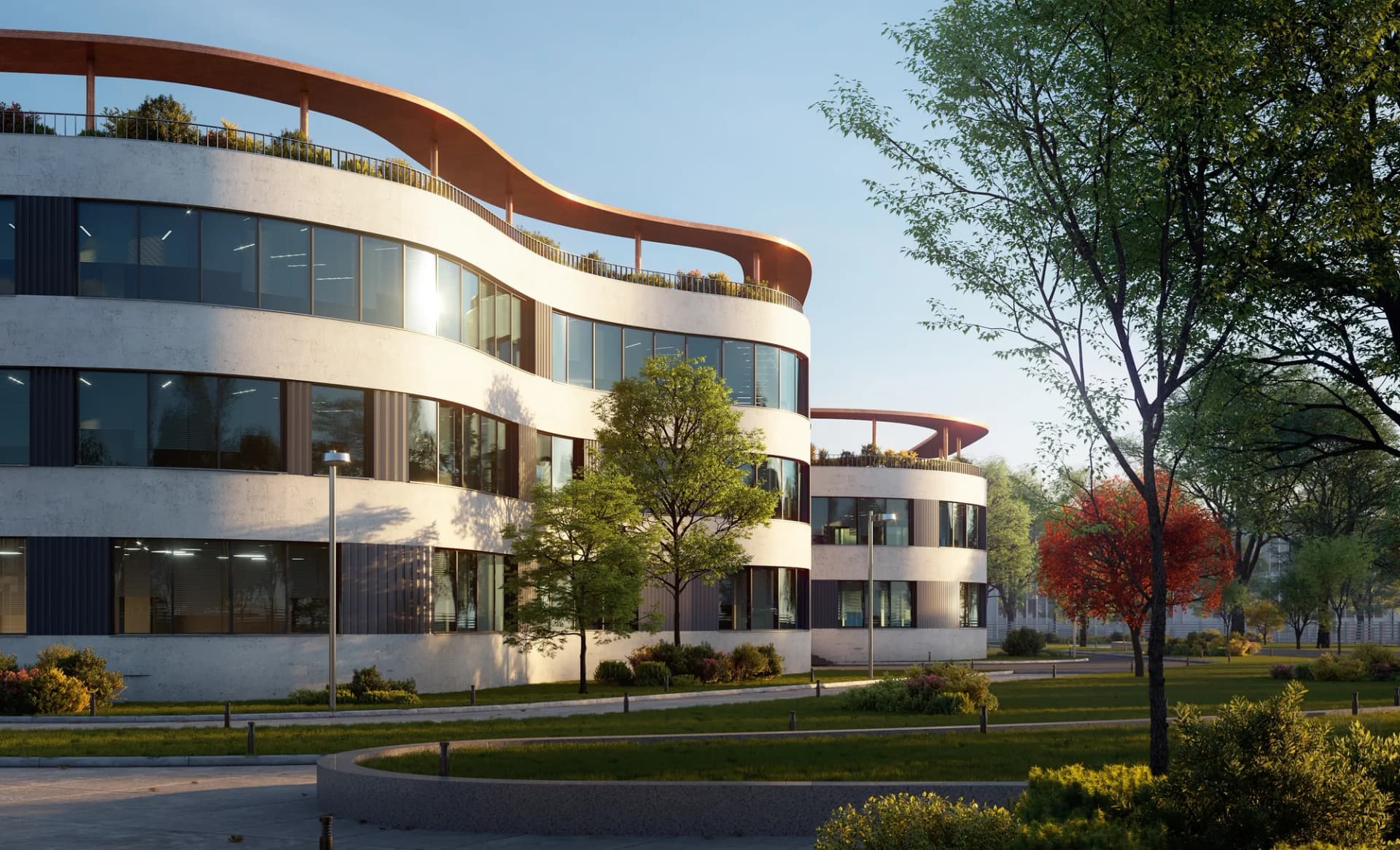 Exterior 3D render of a curved contemporary commercial office building
