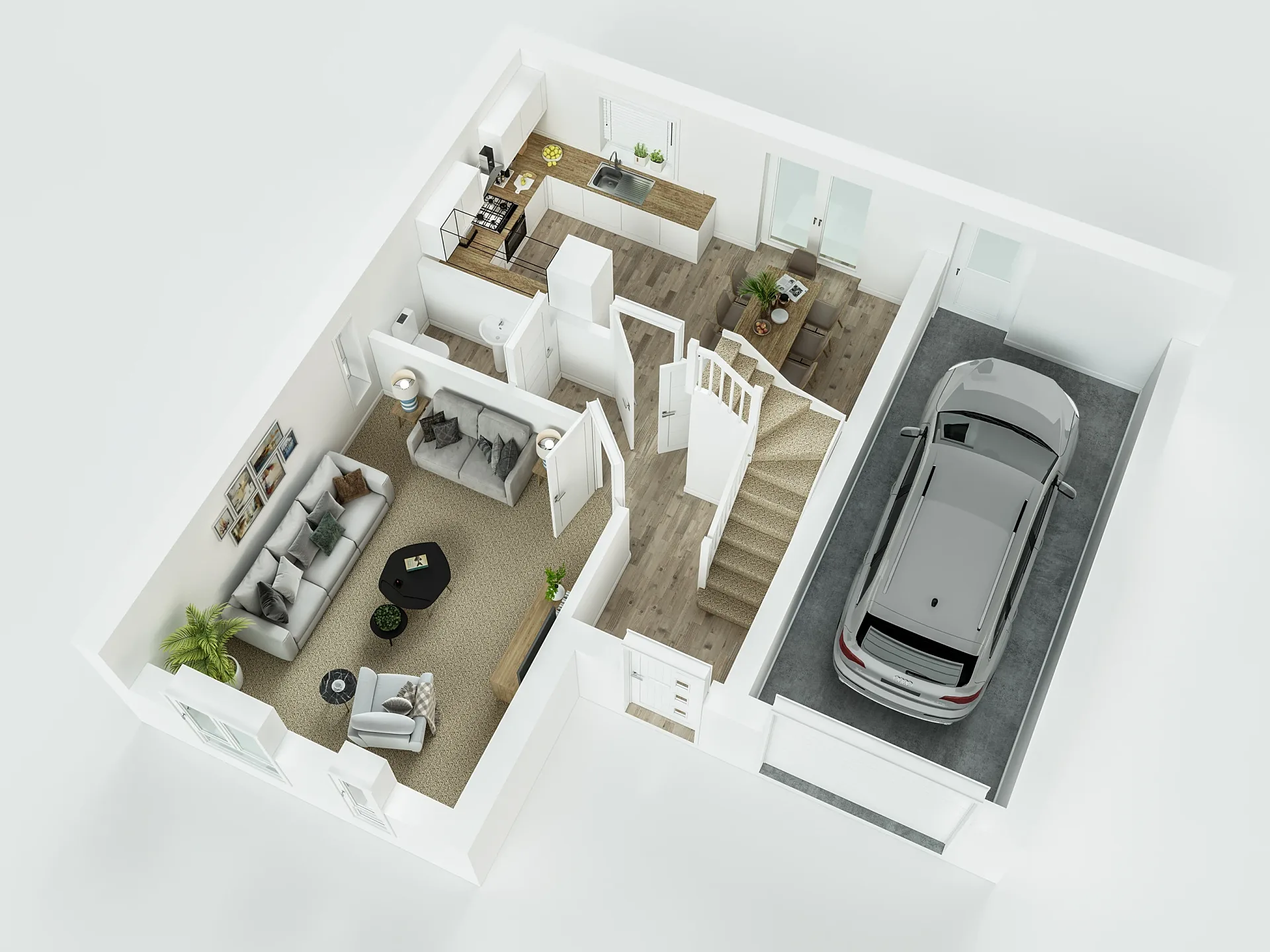 Furnished 3D floor plan of a detached house with integral garage