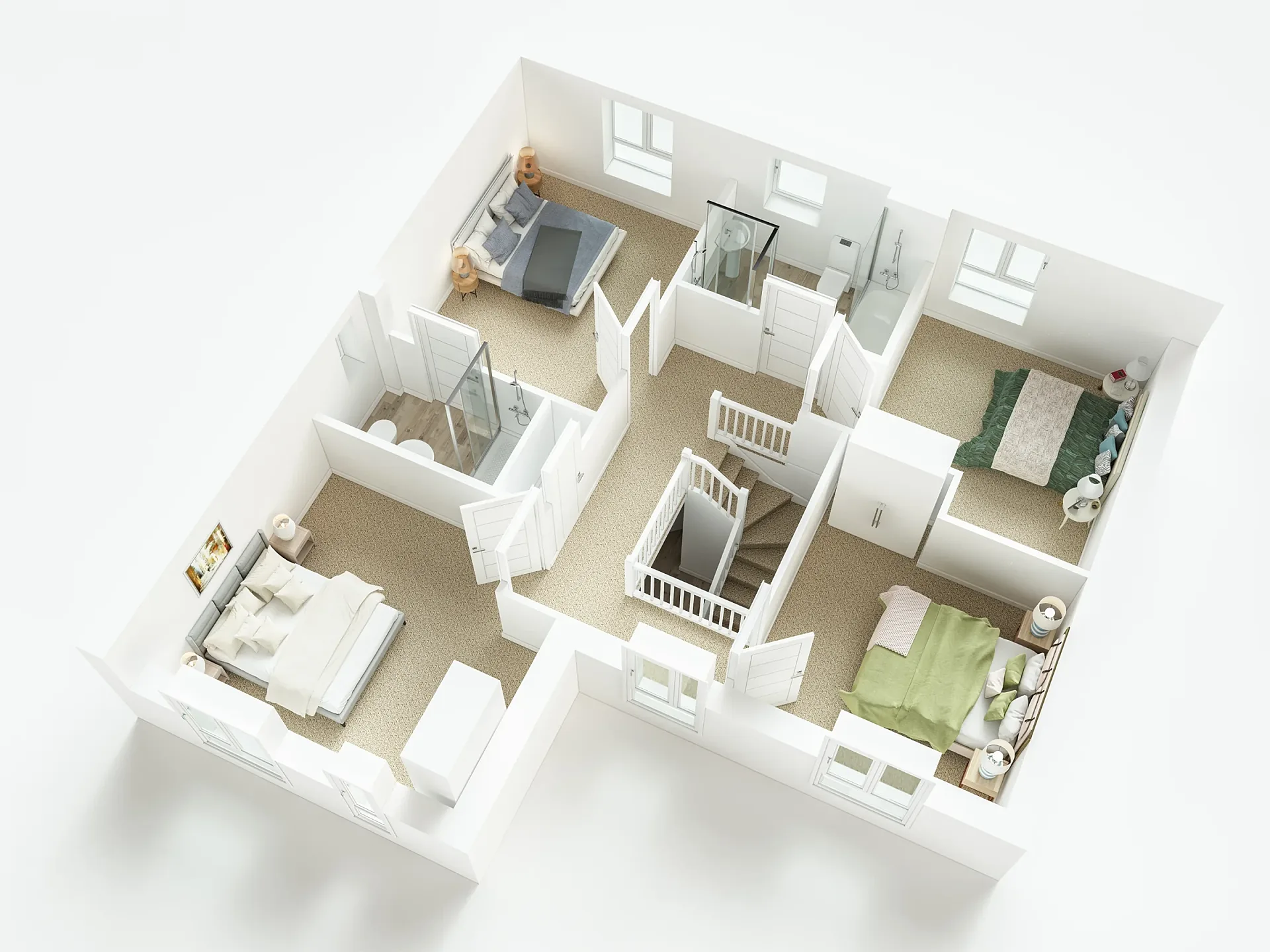 Furnished 3D floor plan of a four-bedroom detached home, first floor