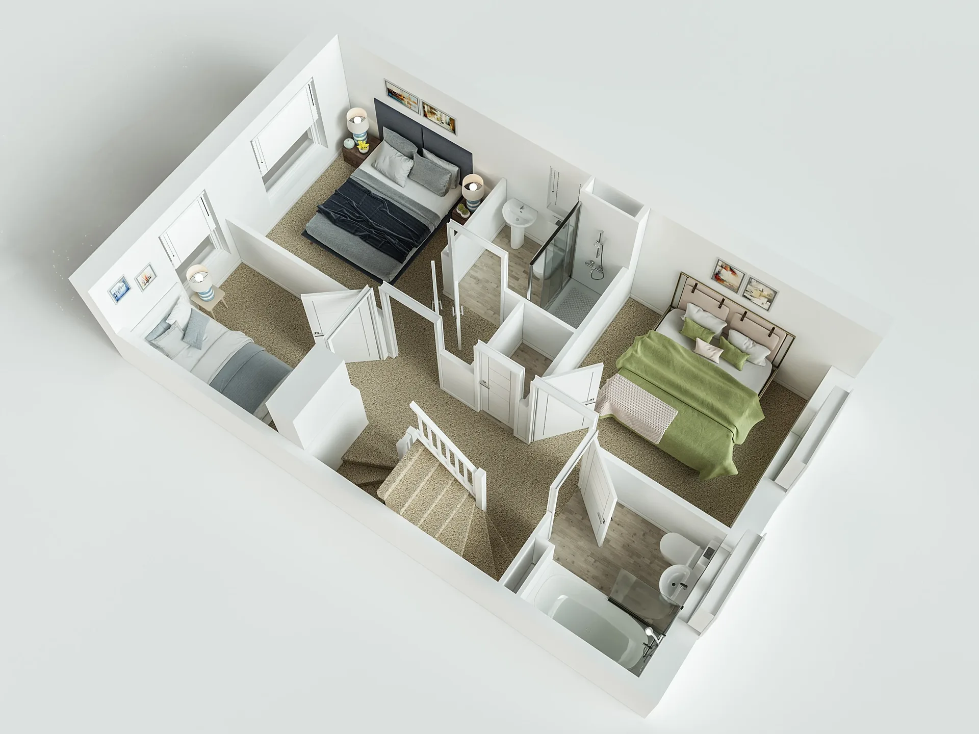 Furnished 3D floor plan of a four-bedroom house, first floor