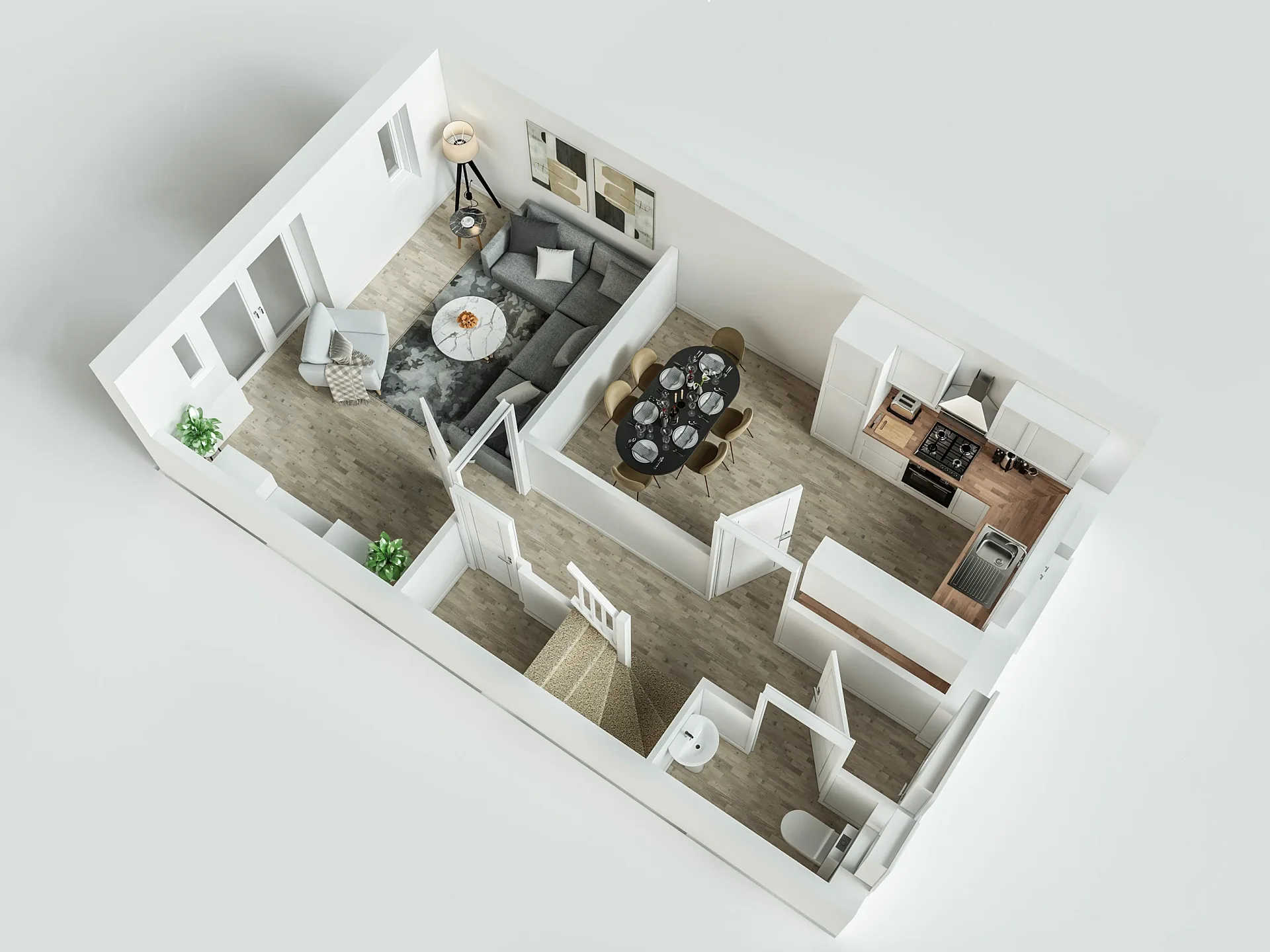 Furnished 3D floor plan of a four-bedroom three-storey house, ground floor
