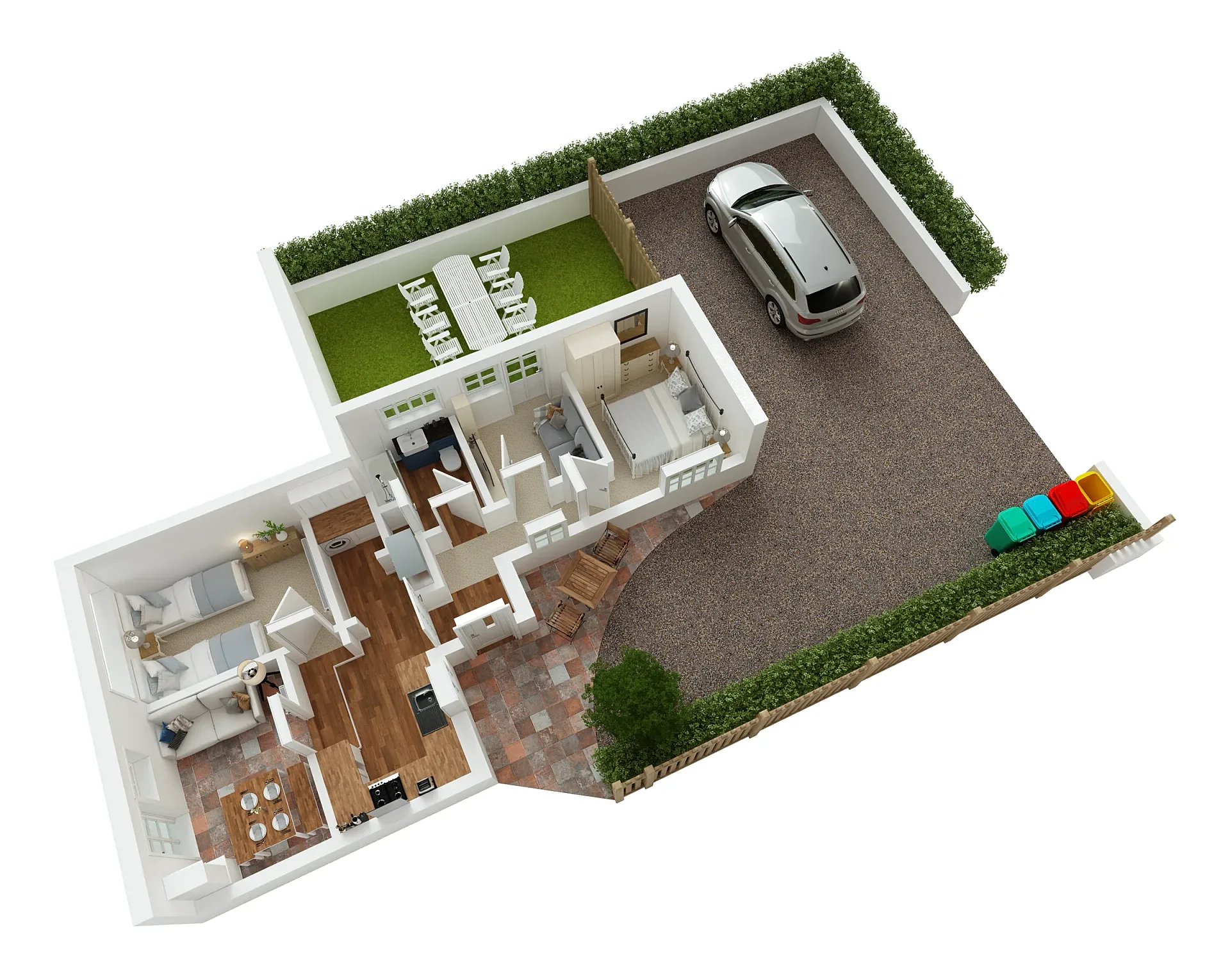 Cutaway 3D floor plan of a single-storey holiday cottage with its garden and patio