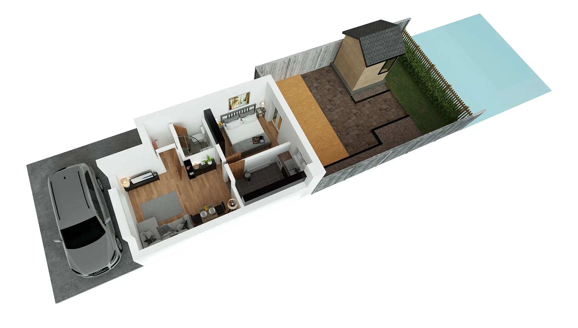 Cutaway 3D floor plan of a single-storey holiday let with parking and garden