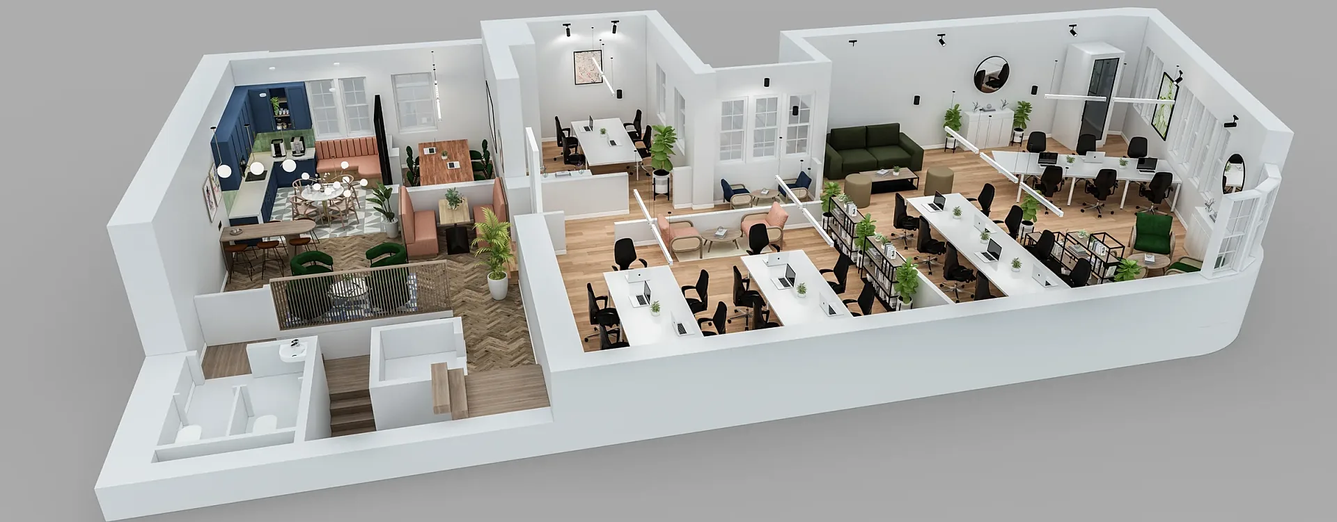 Cutaway 3D floor plan of an office floor with private offices, meeting room and breakout seating