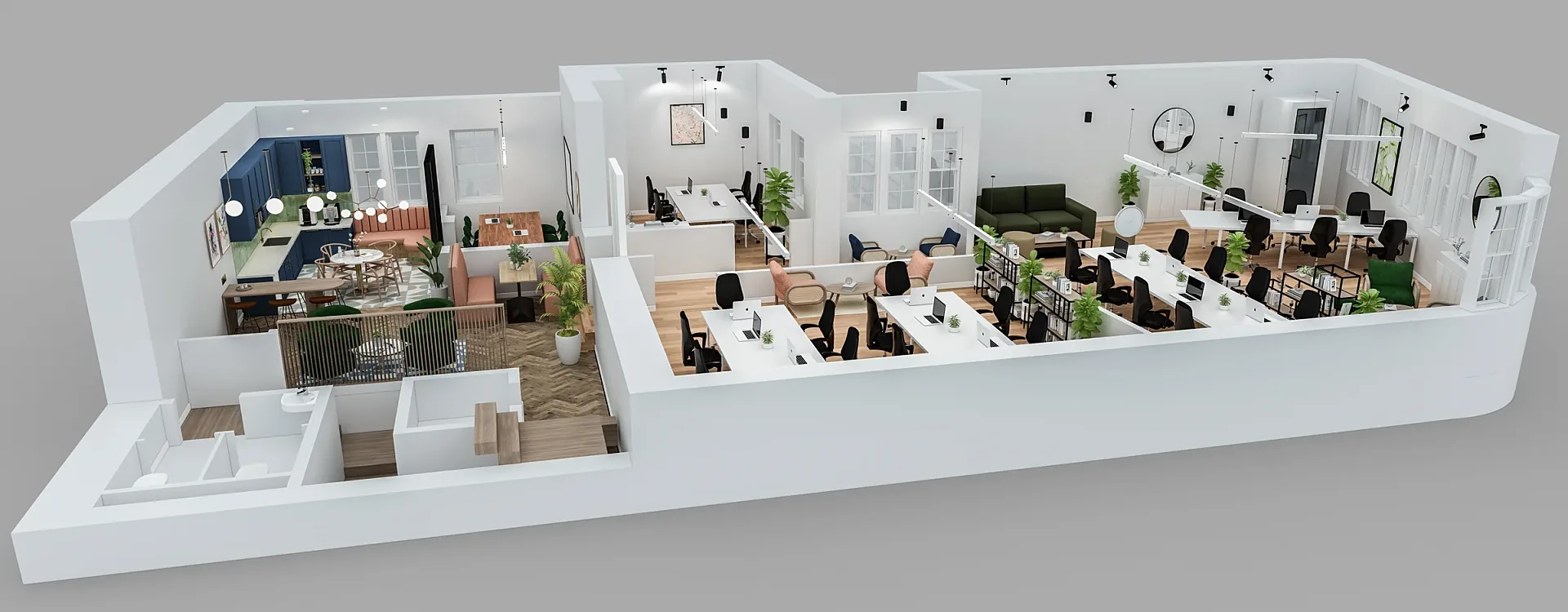 Cutaway 3D floor plan of an office floor from a second camera angle