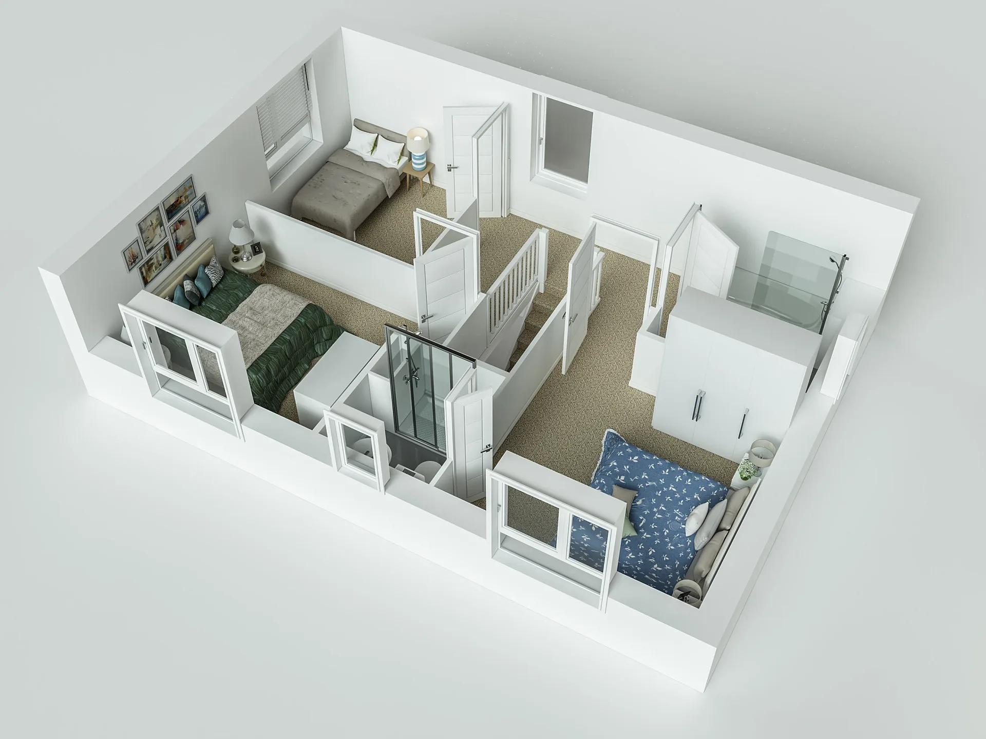 Furnished 3D floor plan of a three-bedroom house, first floor