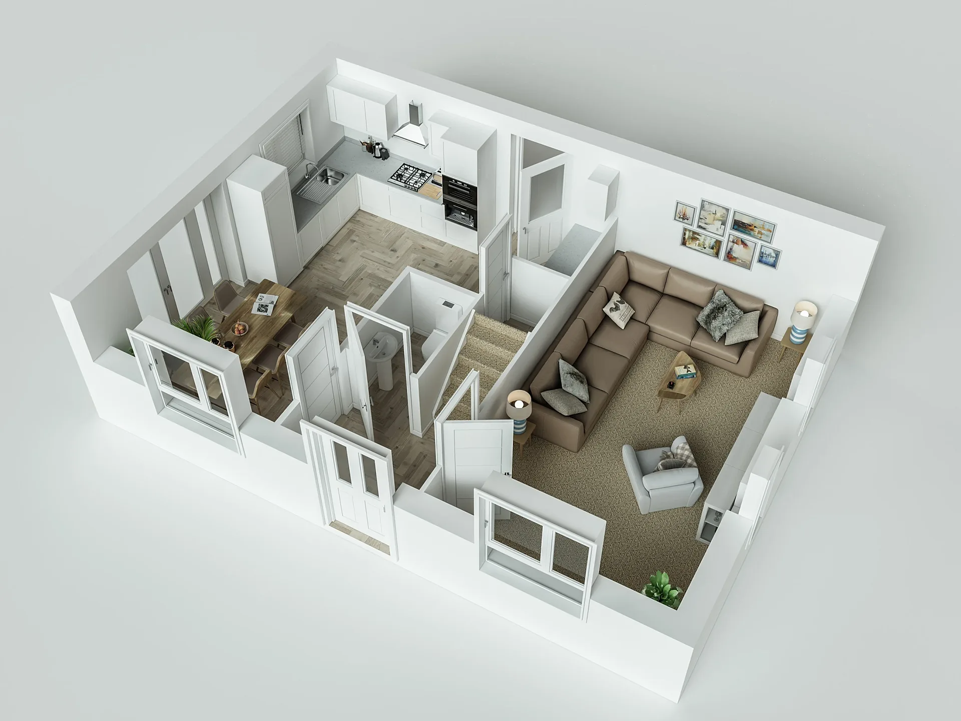 Furnished 3D floor plan of a three-bedroom house, ground floor
