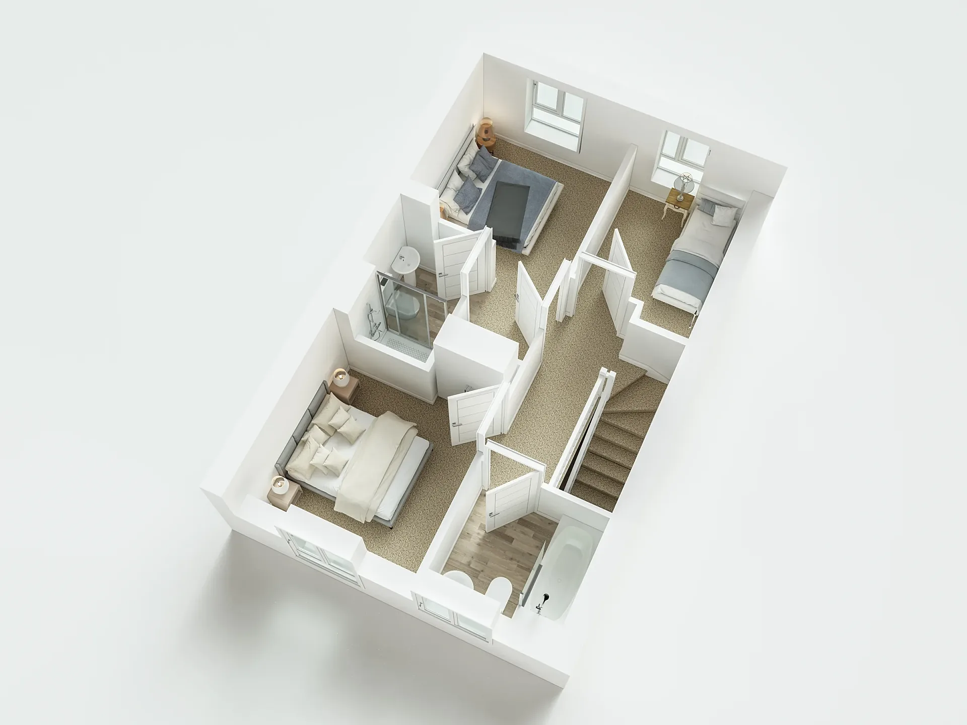 Furnished 3D floor plan of a three-bedroom semi-detached home, first floor
