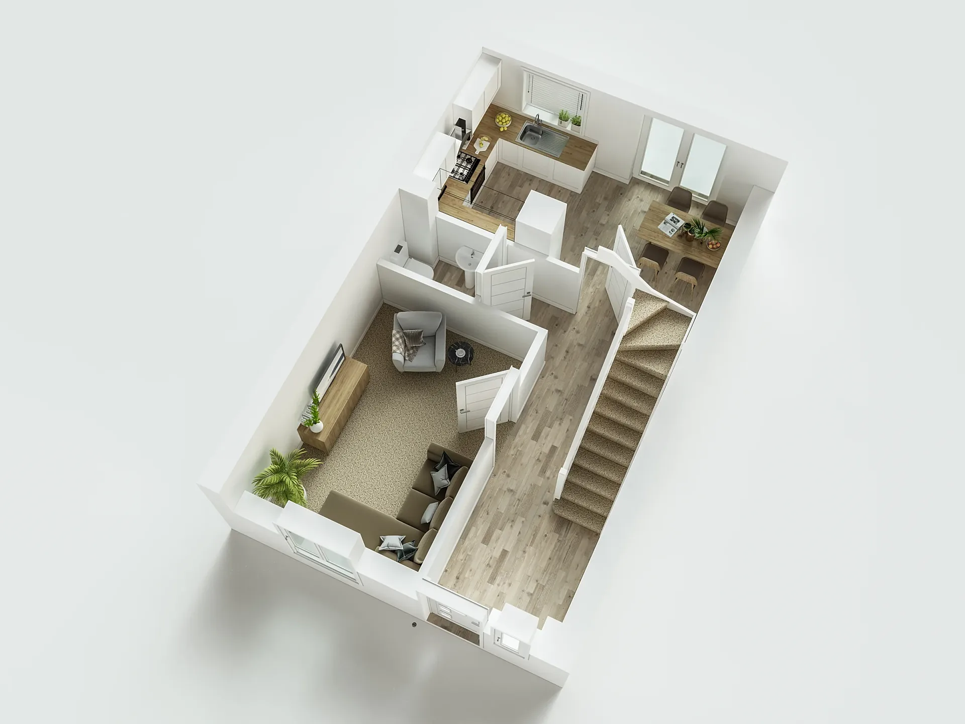 Furnished 3D floor plan of a three-bedroom semi-detached home, ground floor