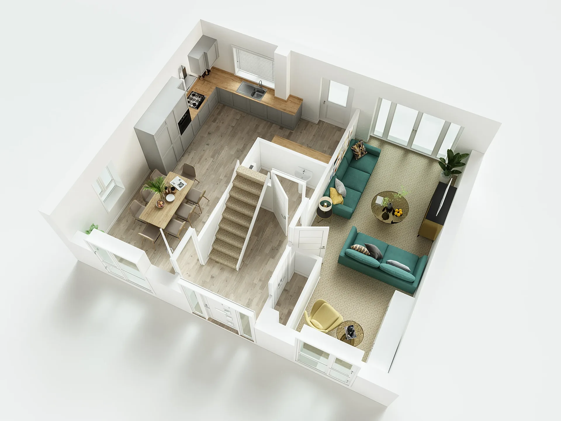 Furnished 3D floor plan of a three-storey house, ground floor