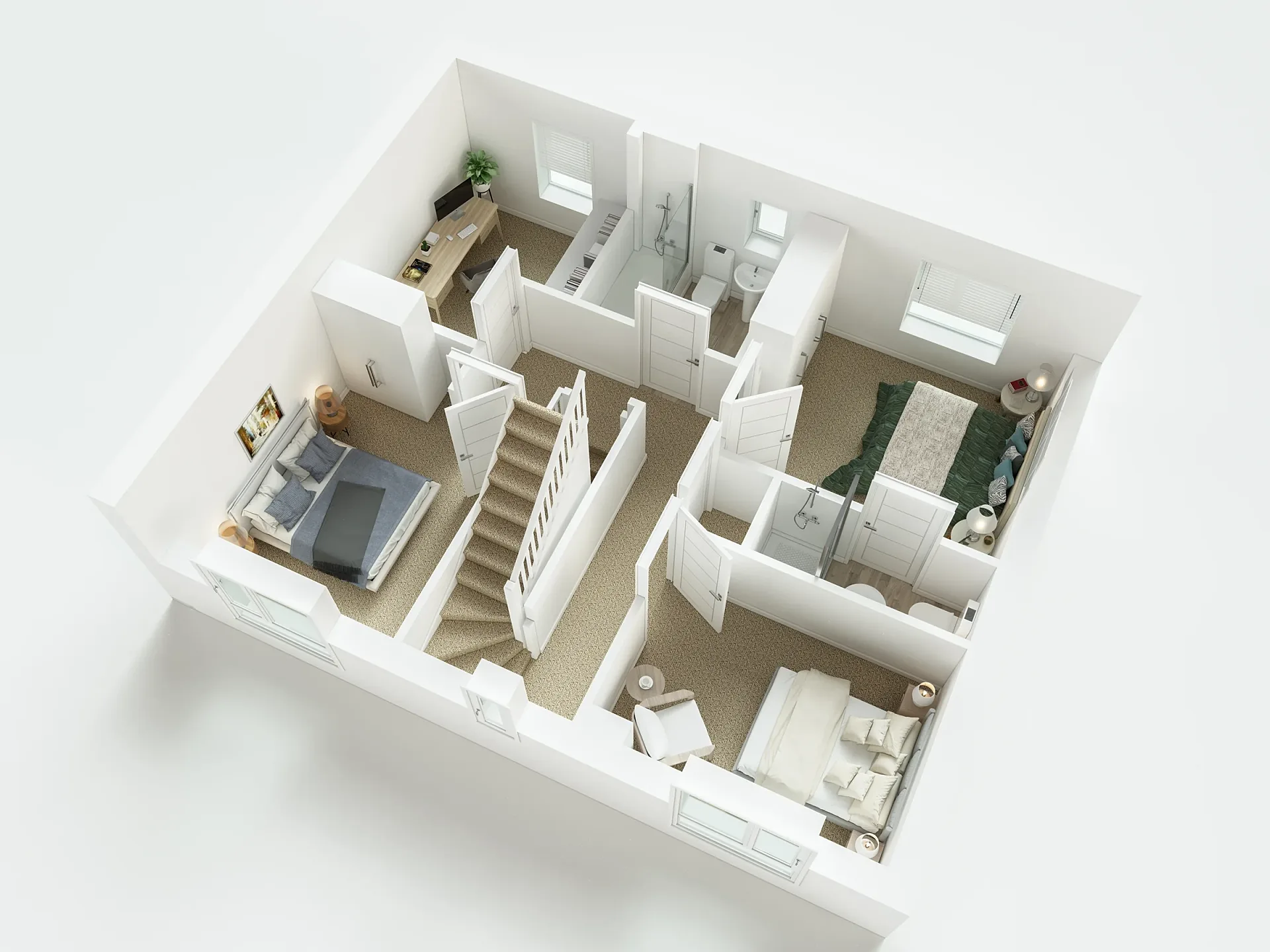 Furnished 3D floor plan of a three-storey house type, first floor