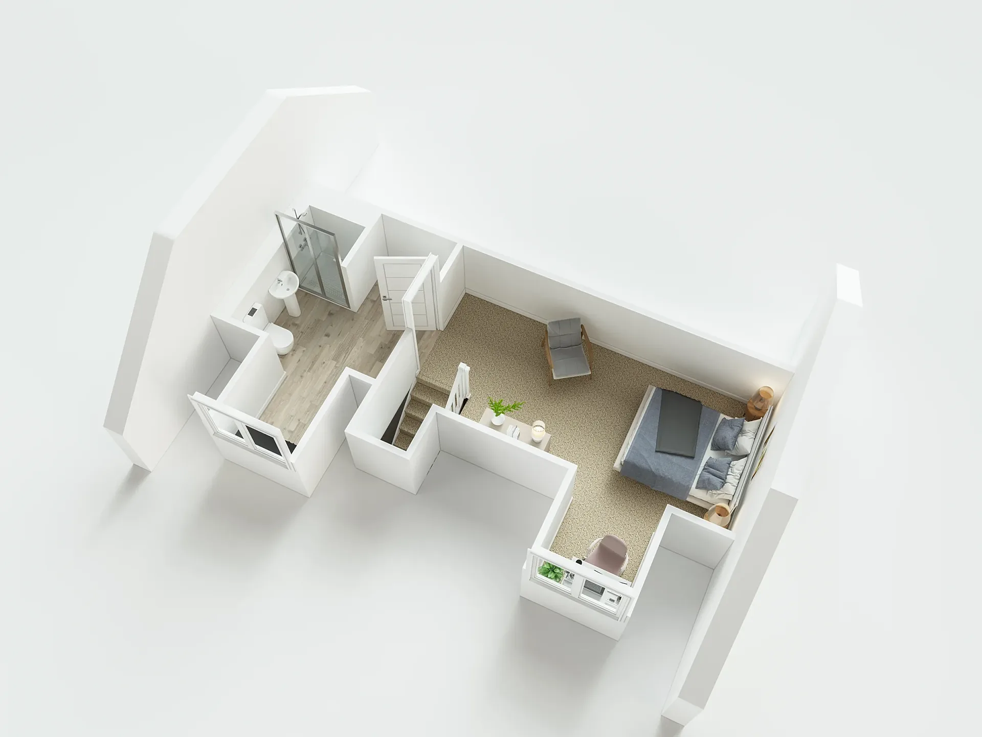 Furnished 3D floor plan of a three-storey house type, second floor with master suite