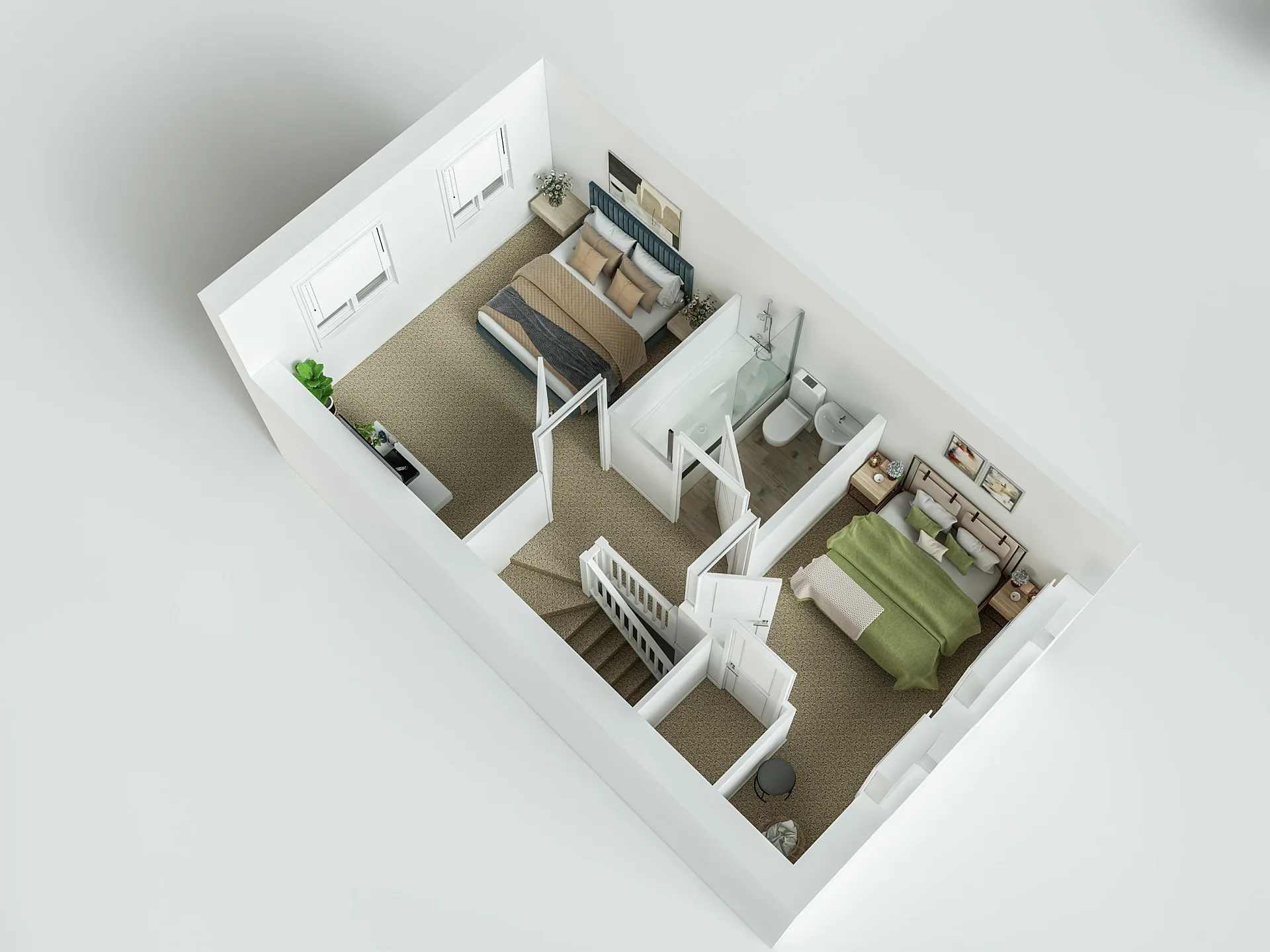Furnished 3D floor plan of a two-bedroom house, first floor
