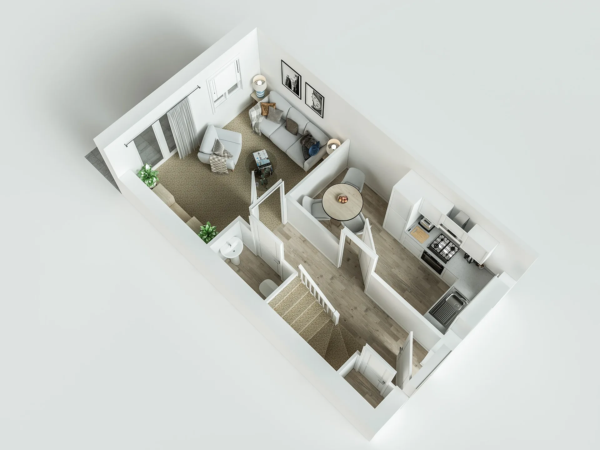 Furnished 3D floor plan of a two-bedroom house, ground floor