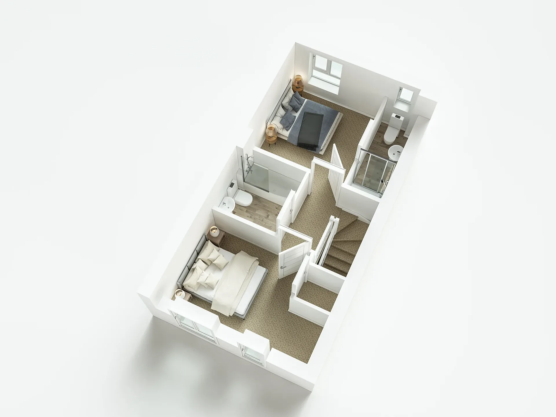 Furnished 3D floor plan of a two-bedroom semi-detached home, first floor
