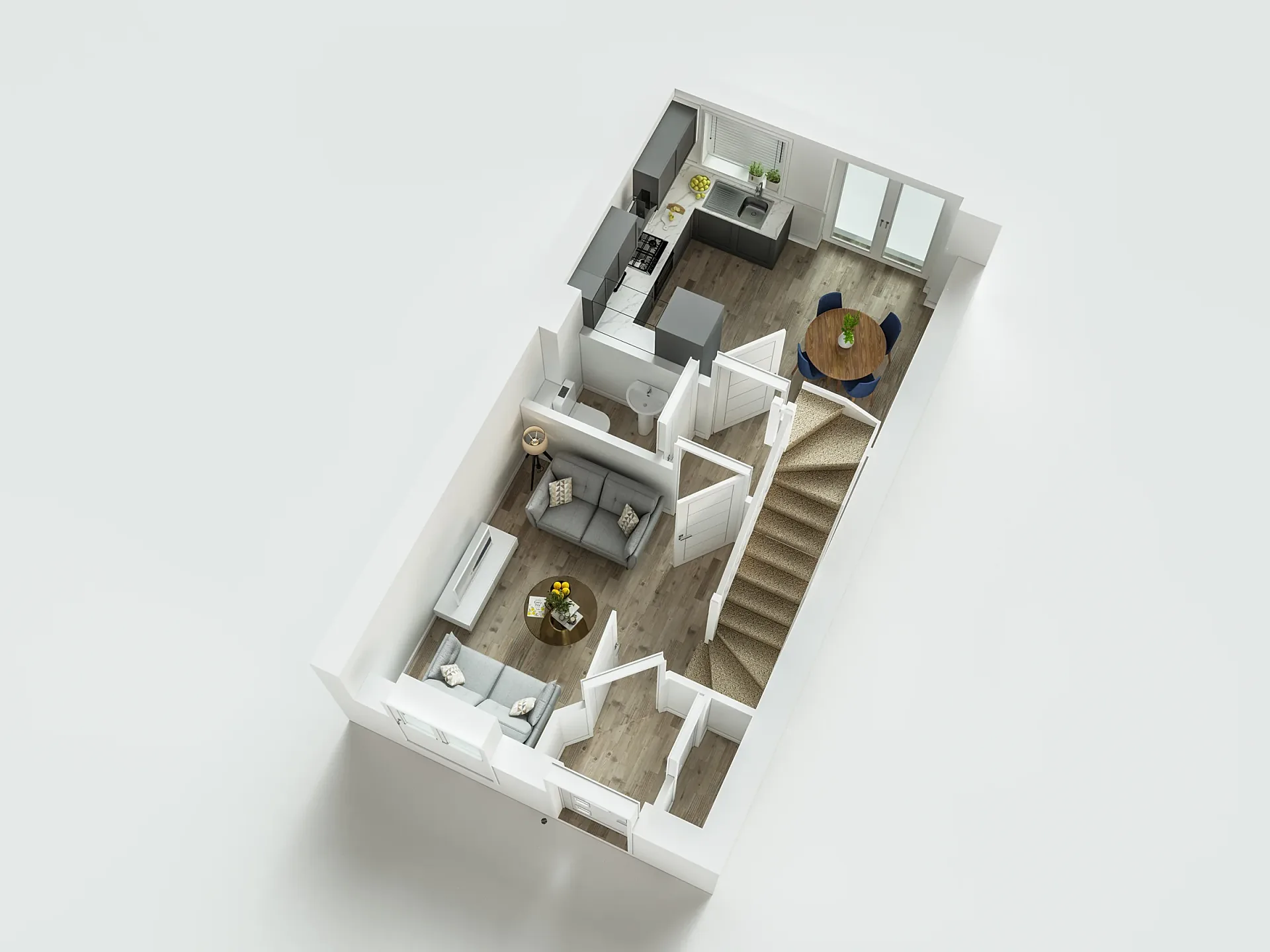 Furnished 3D floor plan of a two-bedroom semi-detached home, ground floor