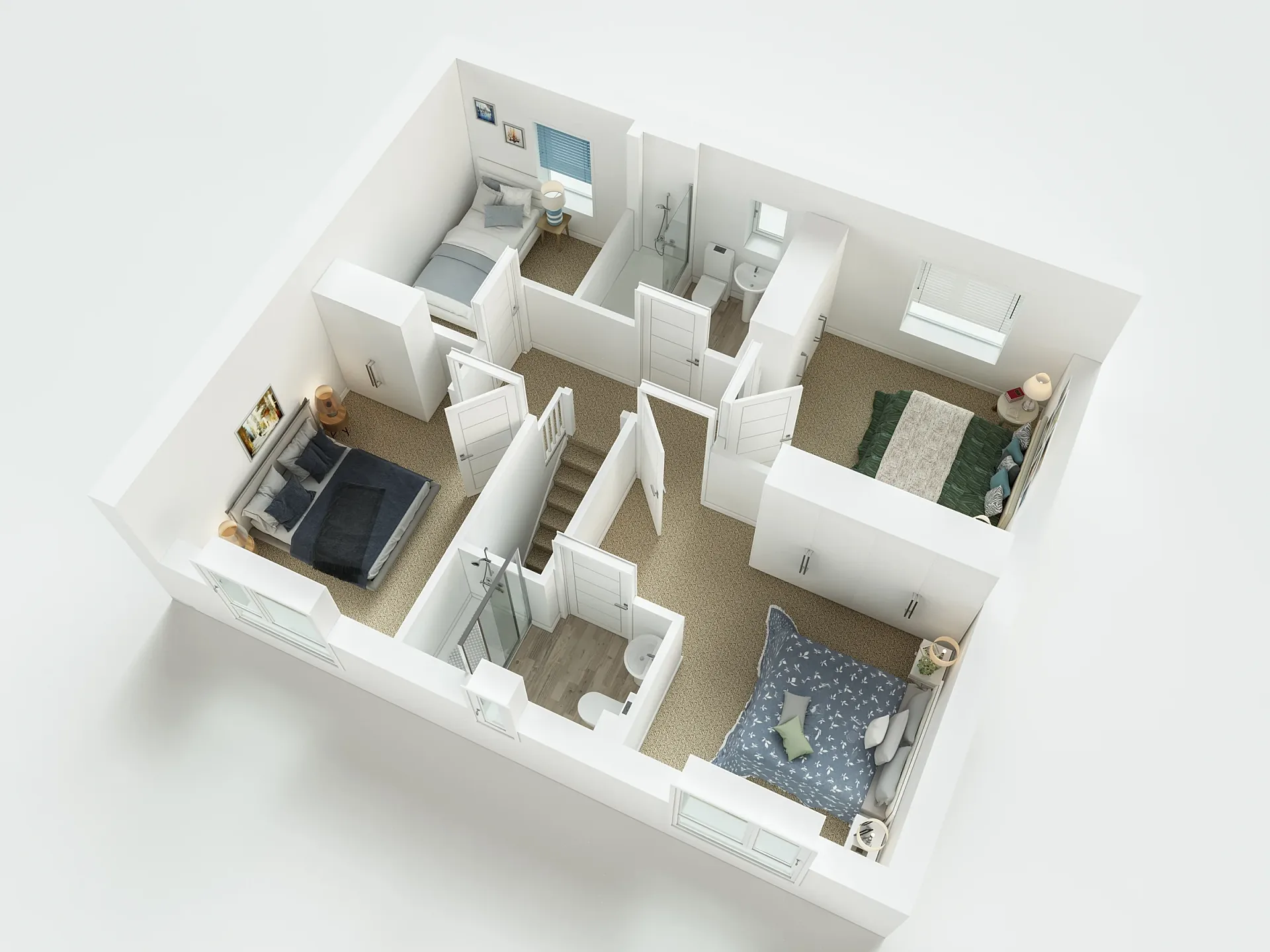 Furnished 3D floor plan of a two-storey house type, first floor with three bedrooms