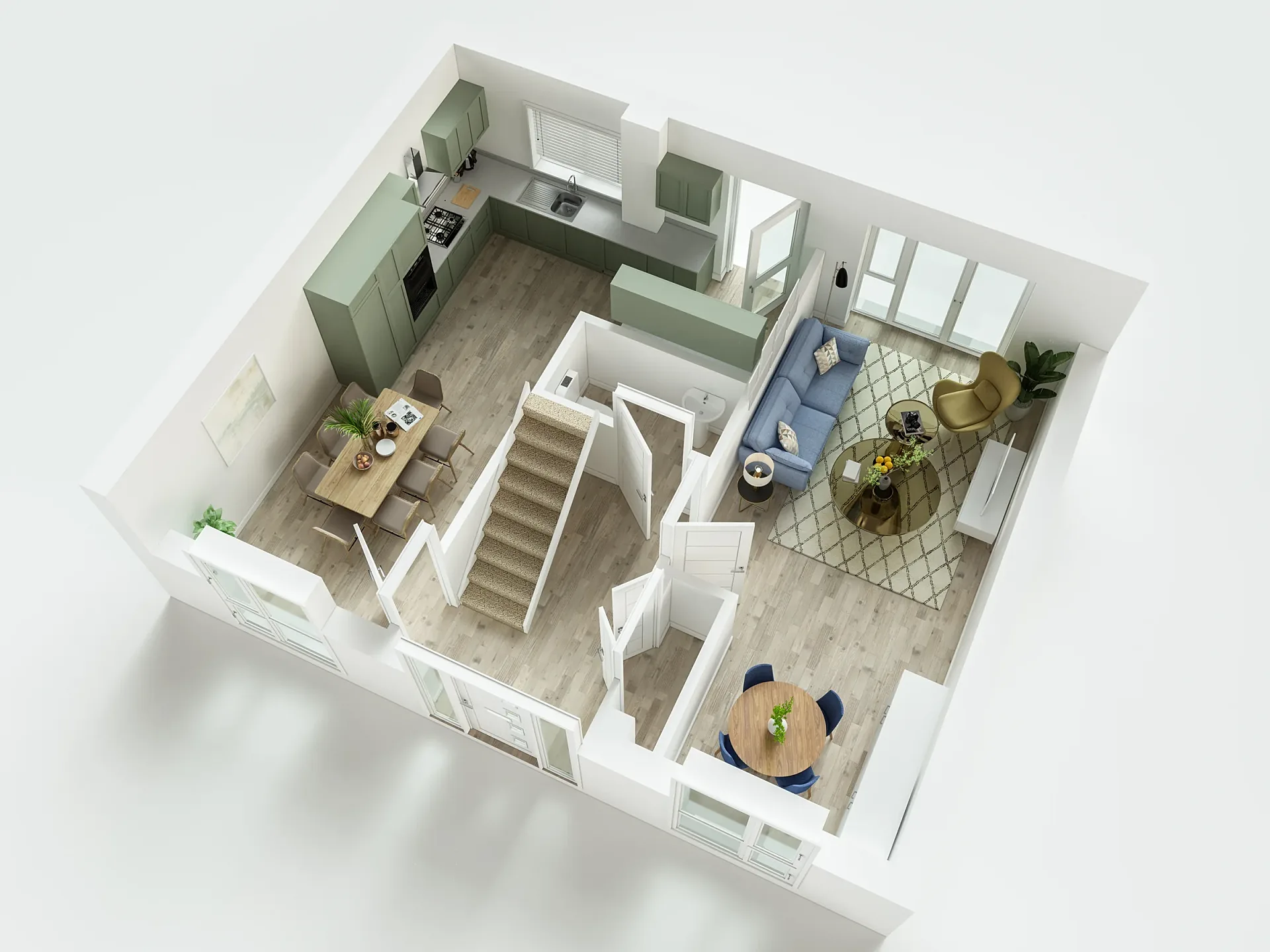 Furnished 3D floor plan of a two-storey house type, ground floor with open-plan kitchen and living