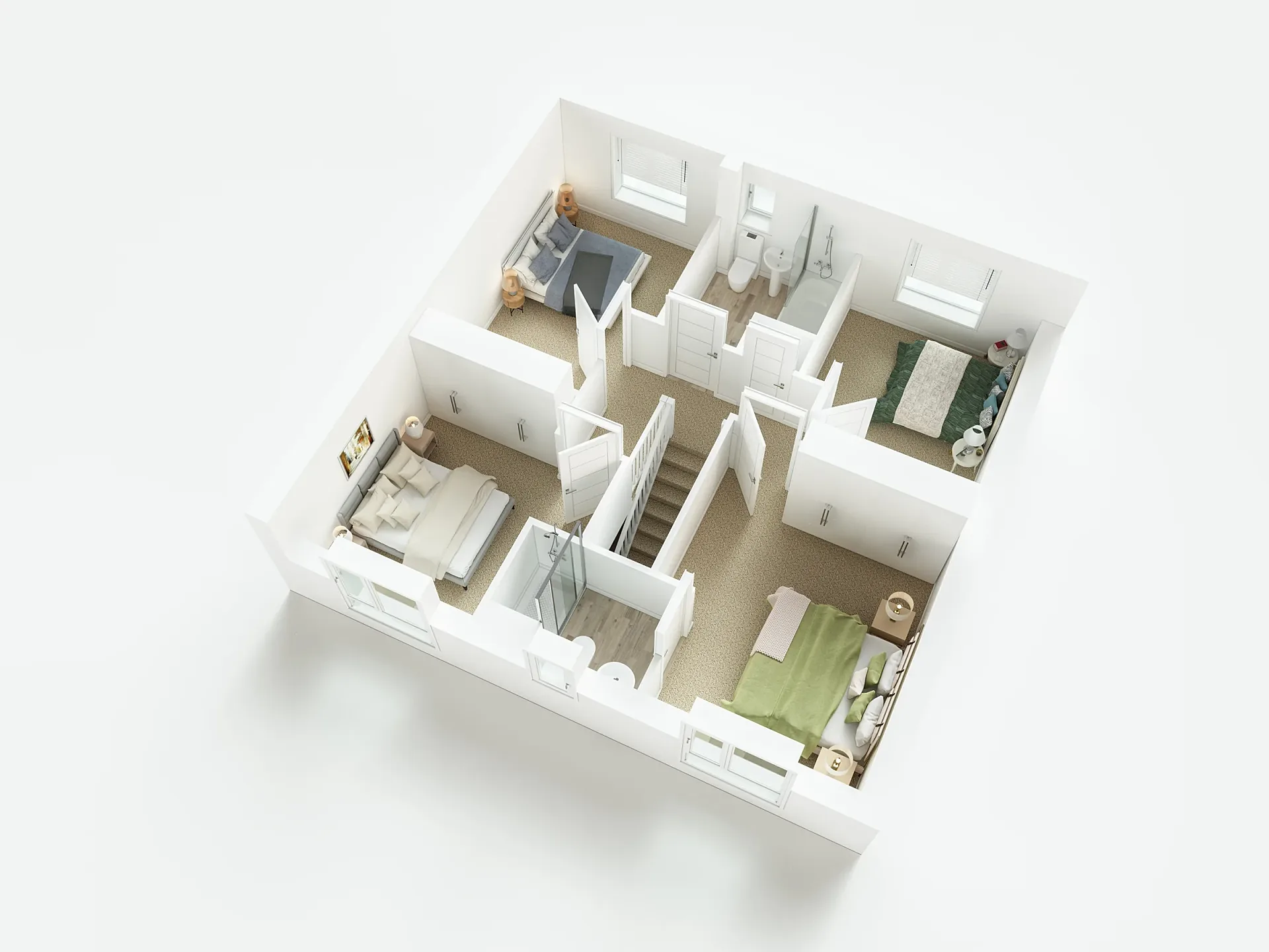 Furnished 3D floor plan of a family house type, first floor with ensuite bedroom