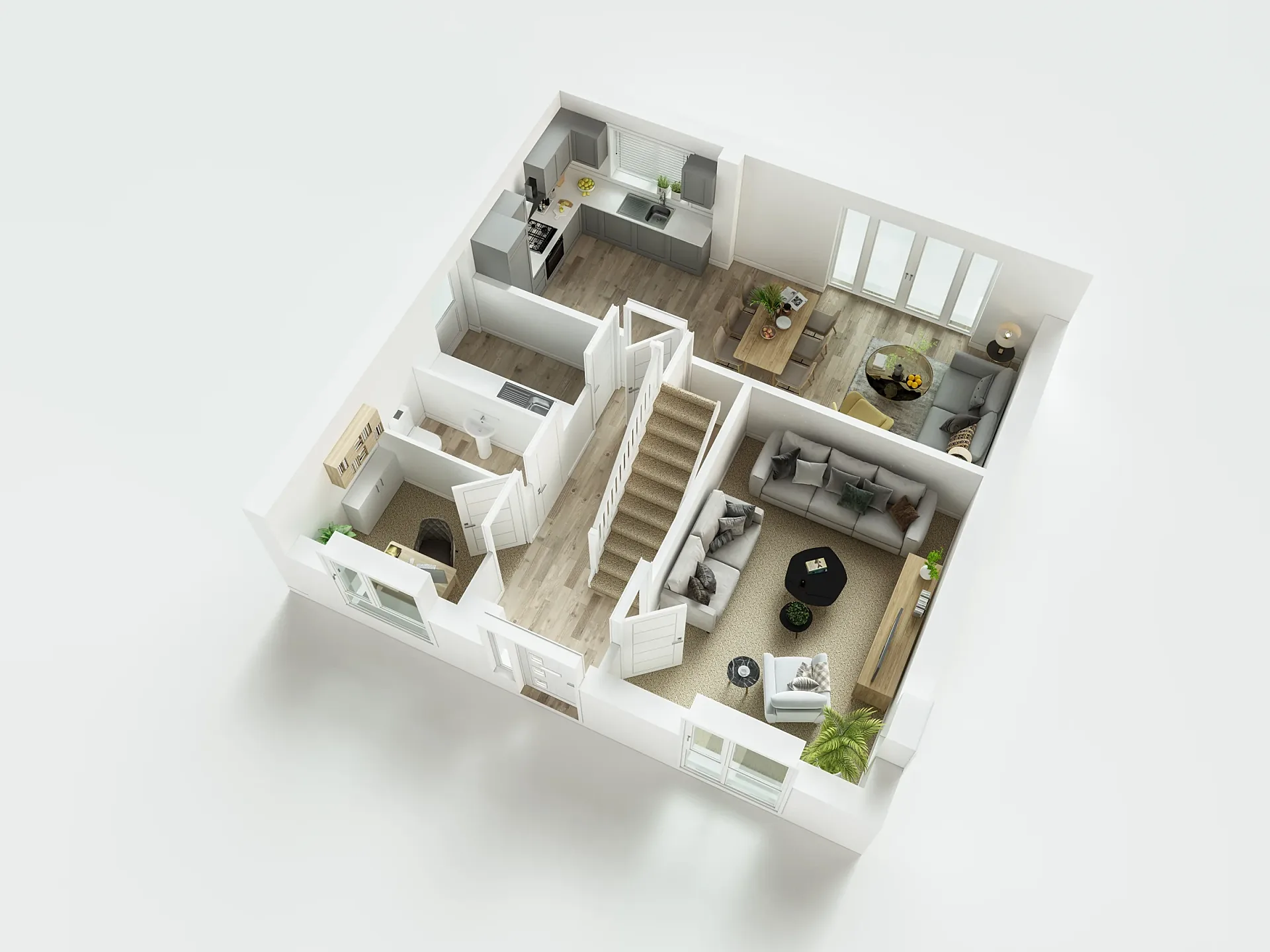 Furnished 3D floor plan of a family house type, ground floor with garage