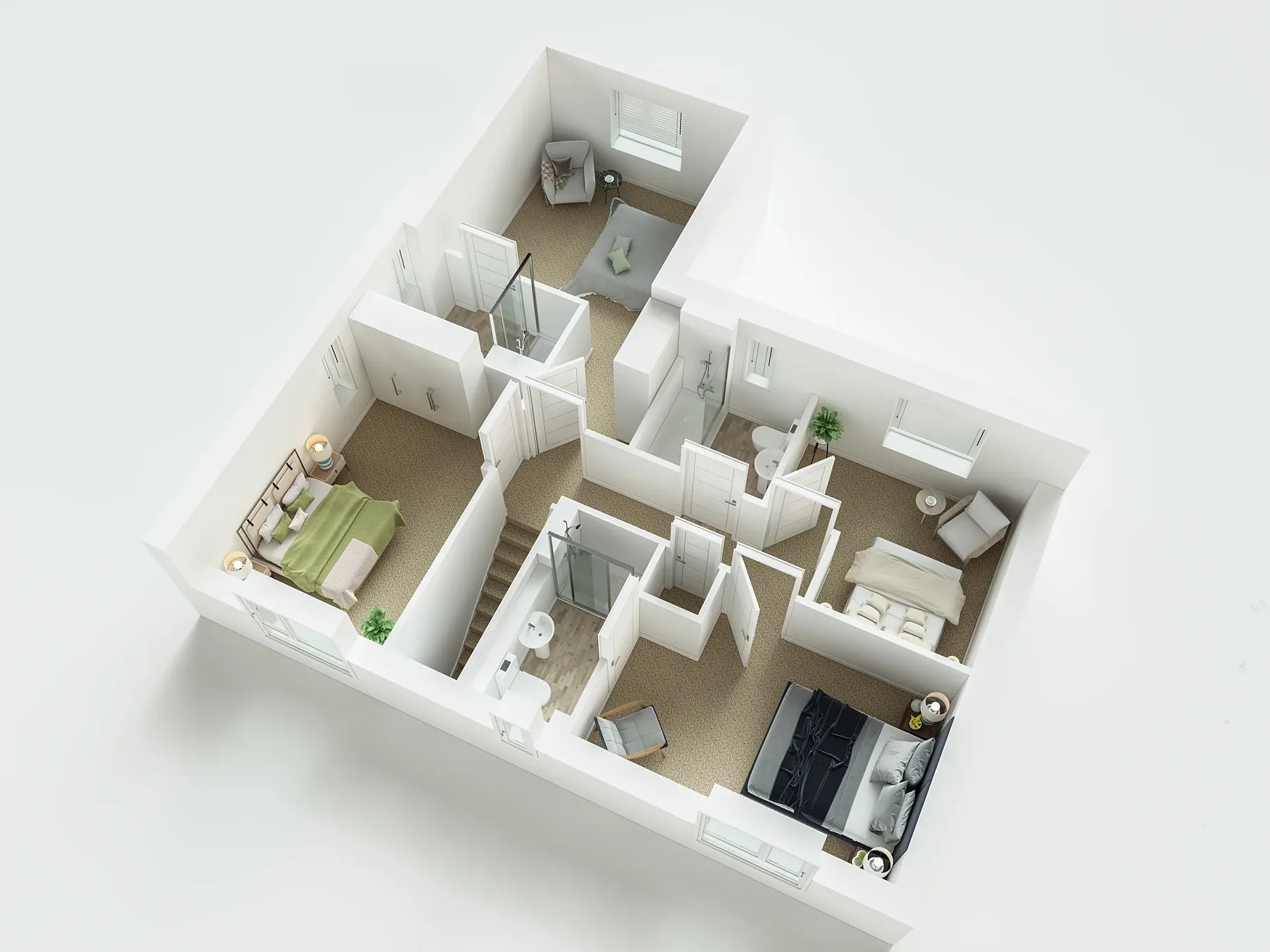 Furnished 3D floor plan of a detached house type, first floor with four bedrooms