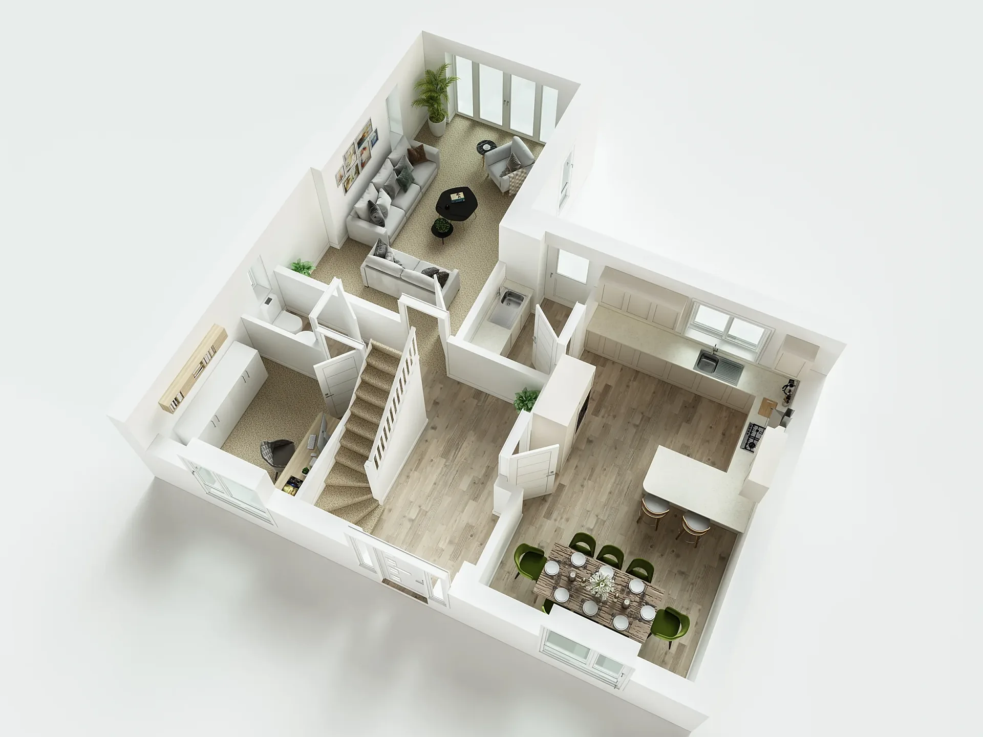 Furnished 3D floor plan of a detached house type, ground floor with study