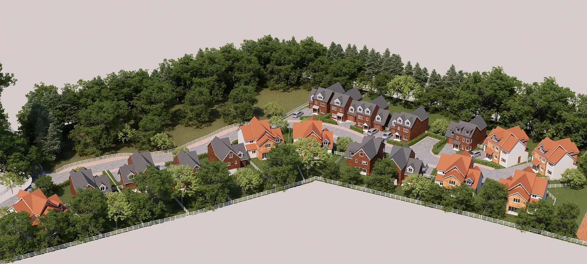 Bird's-eye 3D site plan render of an eighteen-lot housing estate
