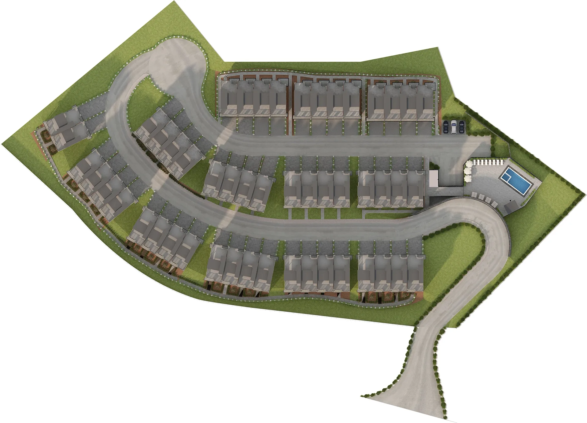 Rendered 3D site plan of a townhouse masterplan with roads and pool