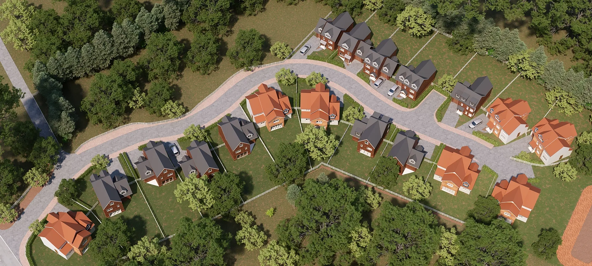 Aerial 3D render of an estate of detached homes among mature trees