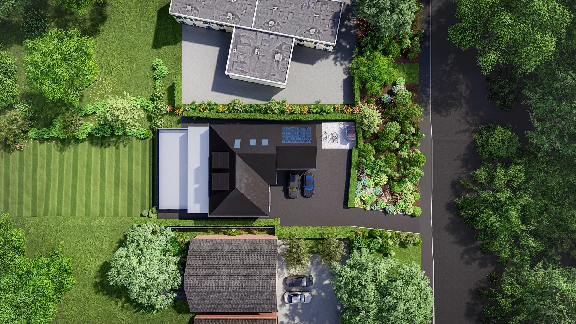 Top-down 3D render of a house and landscaped garden
