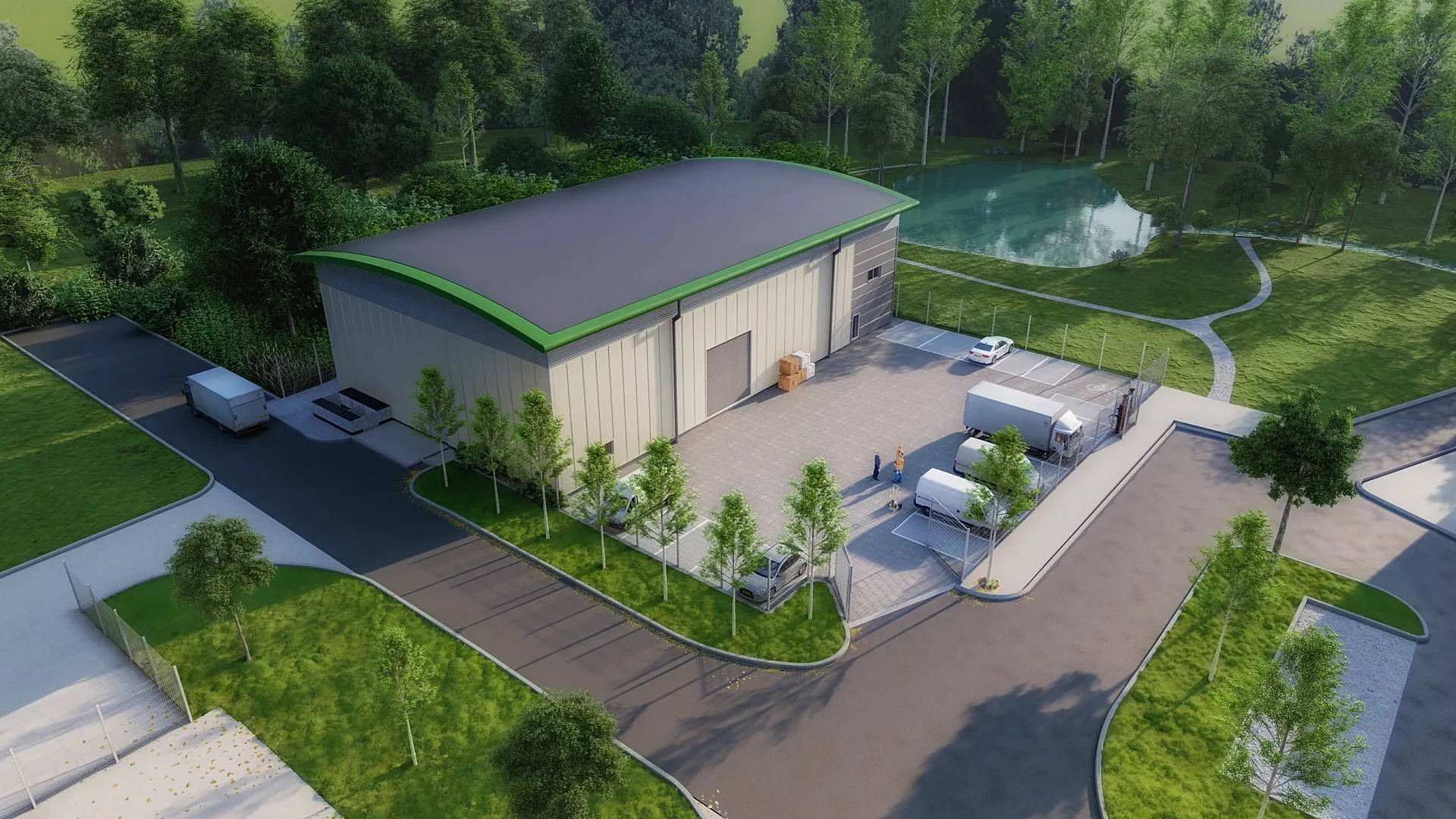 Oblique aerial 3D render of an industrial building and site