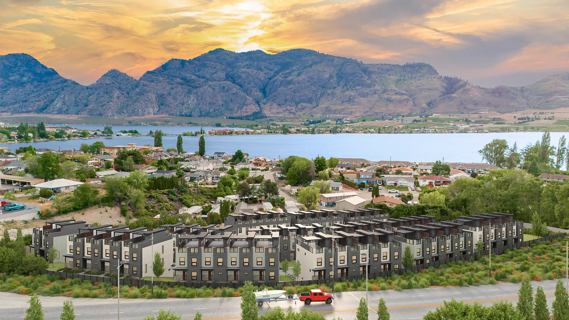 Aerial 3D render of a townhouse community composited over drone photography of the lake and hills