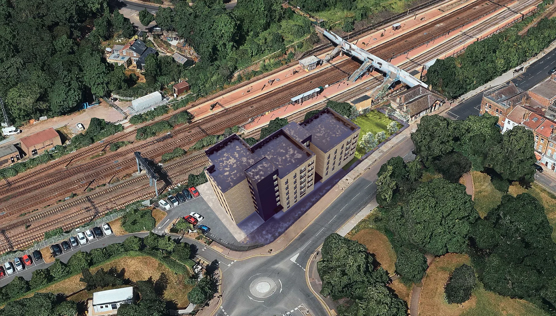 Aerial context render of a proposed modular building