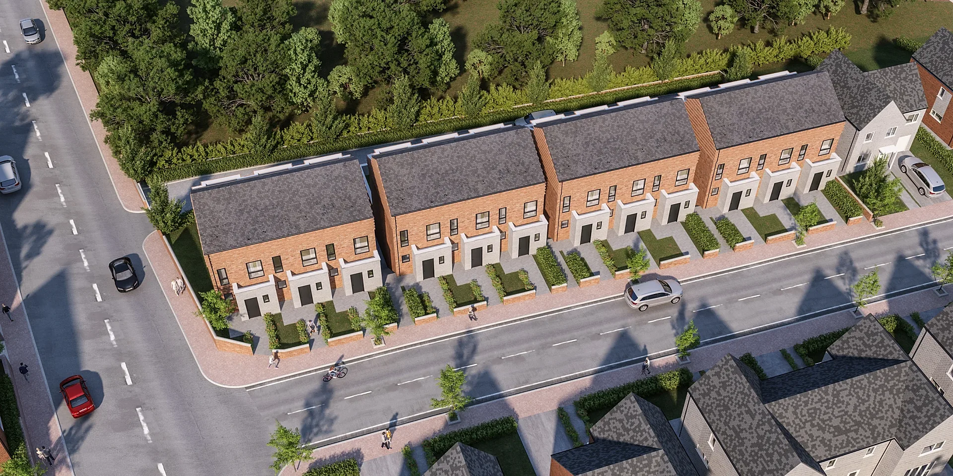 Aerial 3D render of a townhouse terrace and its site context