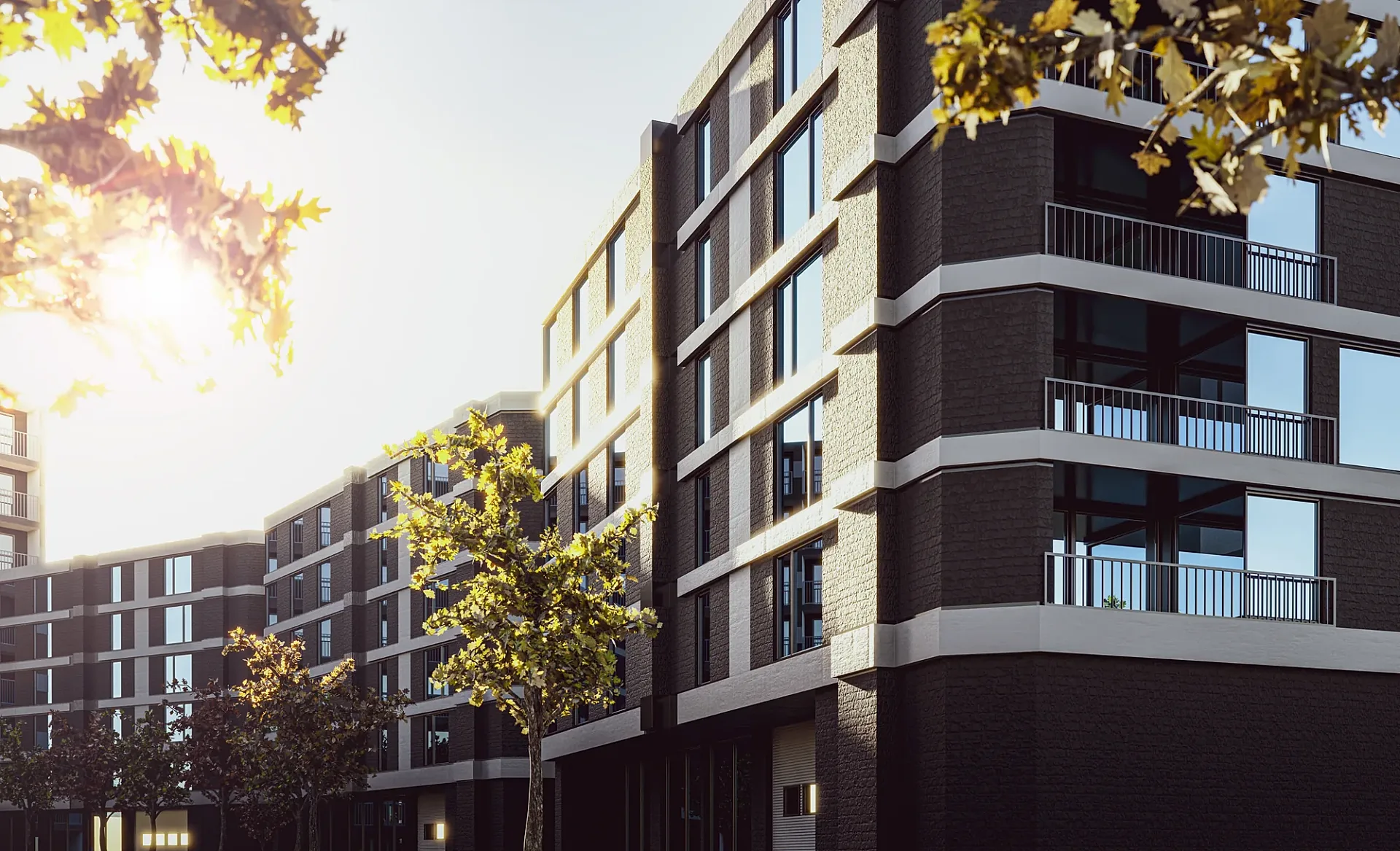 Corner view exterior 3D render of a multi-storey apartment building