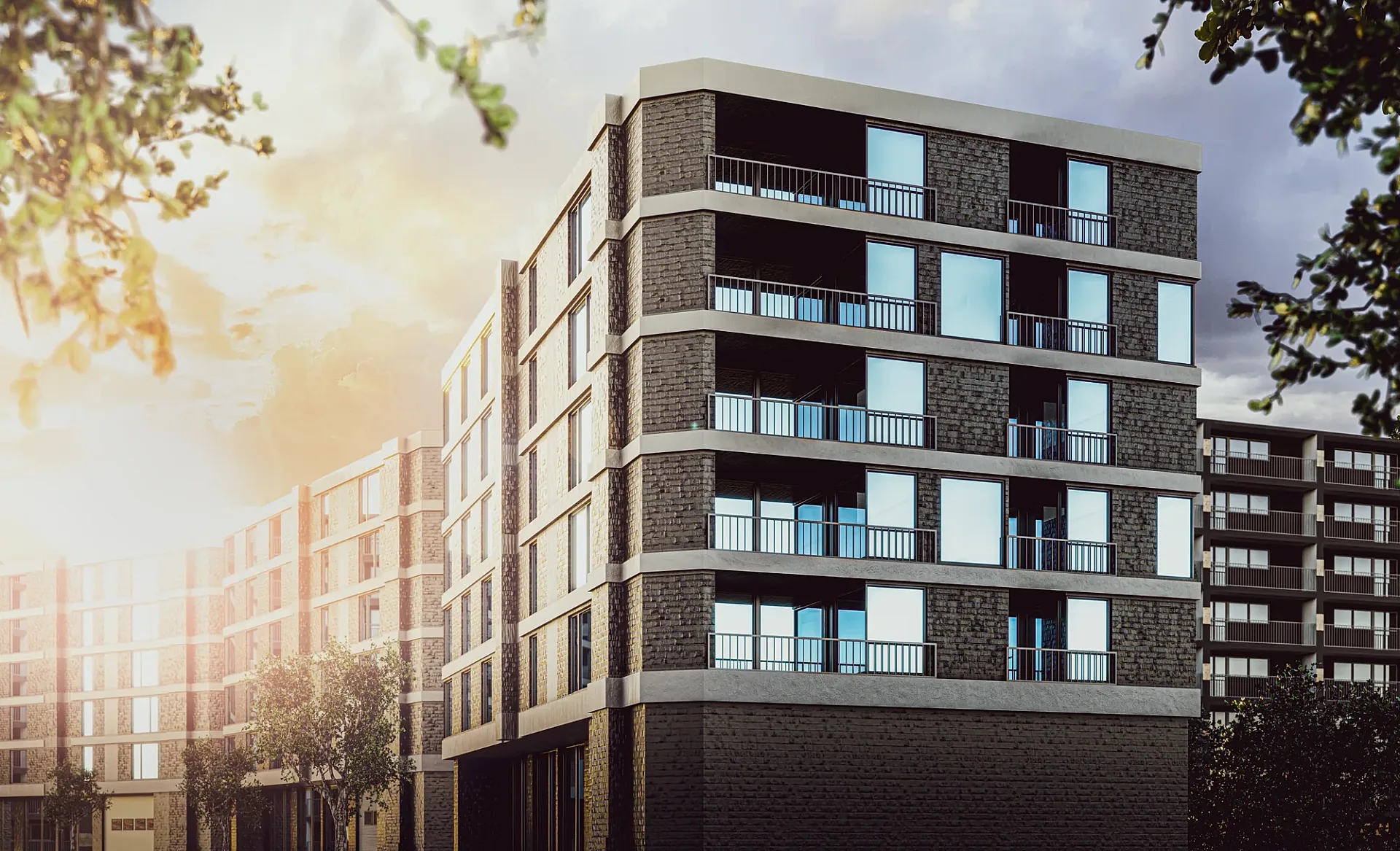 Exterior 3D render of a brick apartment development facade with balconies
