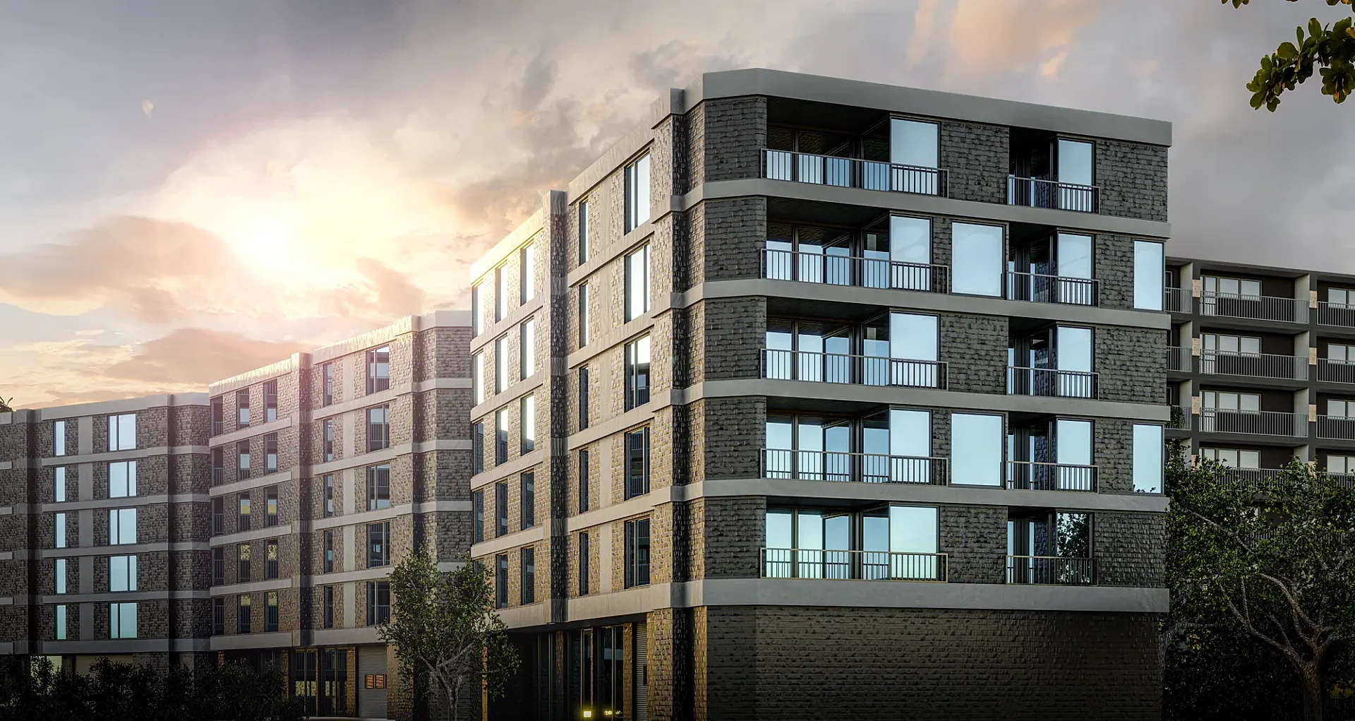 Sunset exterior 3D render of a residential apartment development