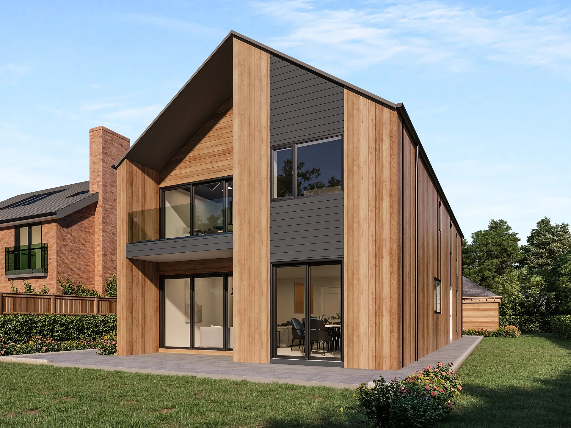 Rear gable exterior 3D render of a timber-clad house