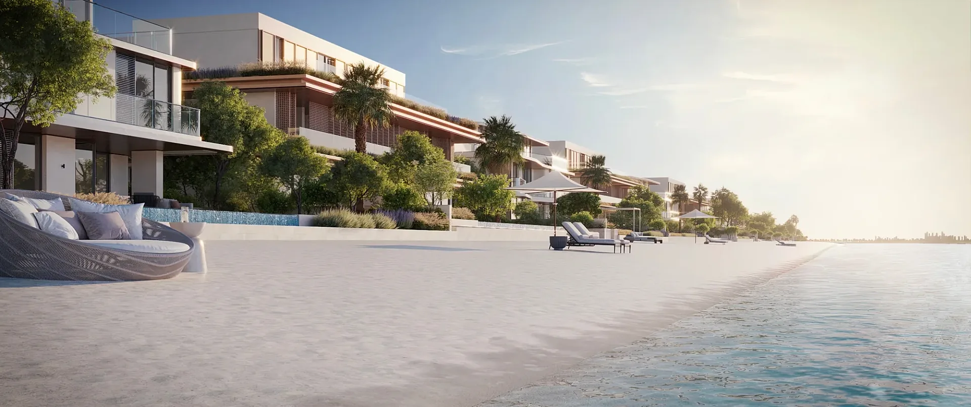 Exterior 3D render of beachfront villas with pool terraces