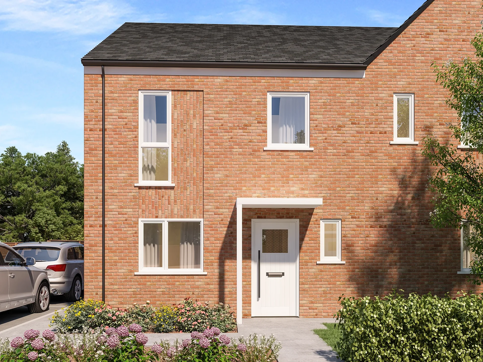 Front 3D render of a two-storey brick house