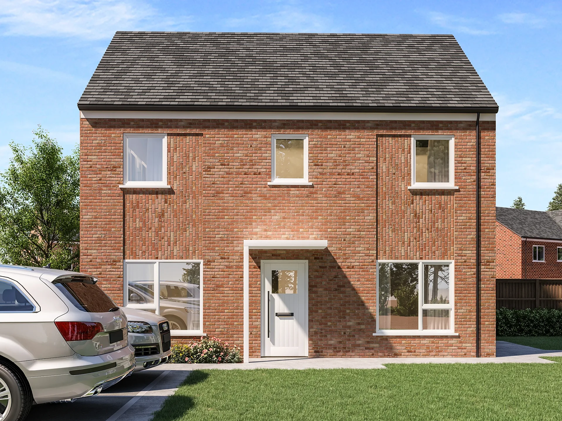 Front 3D render of a brick house with bay window