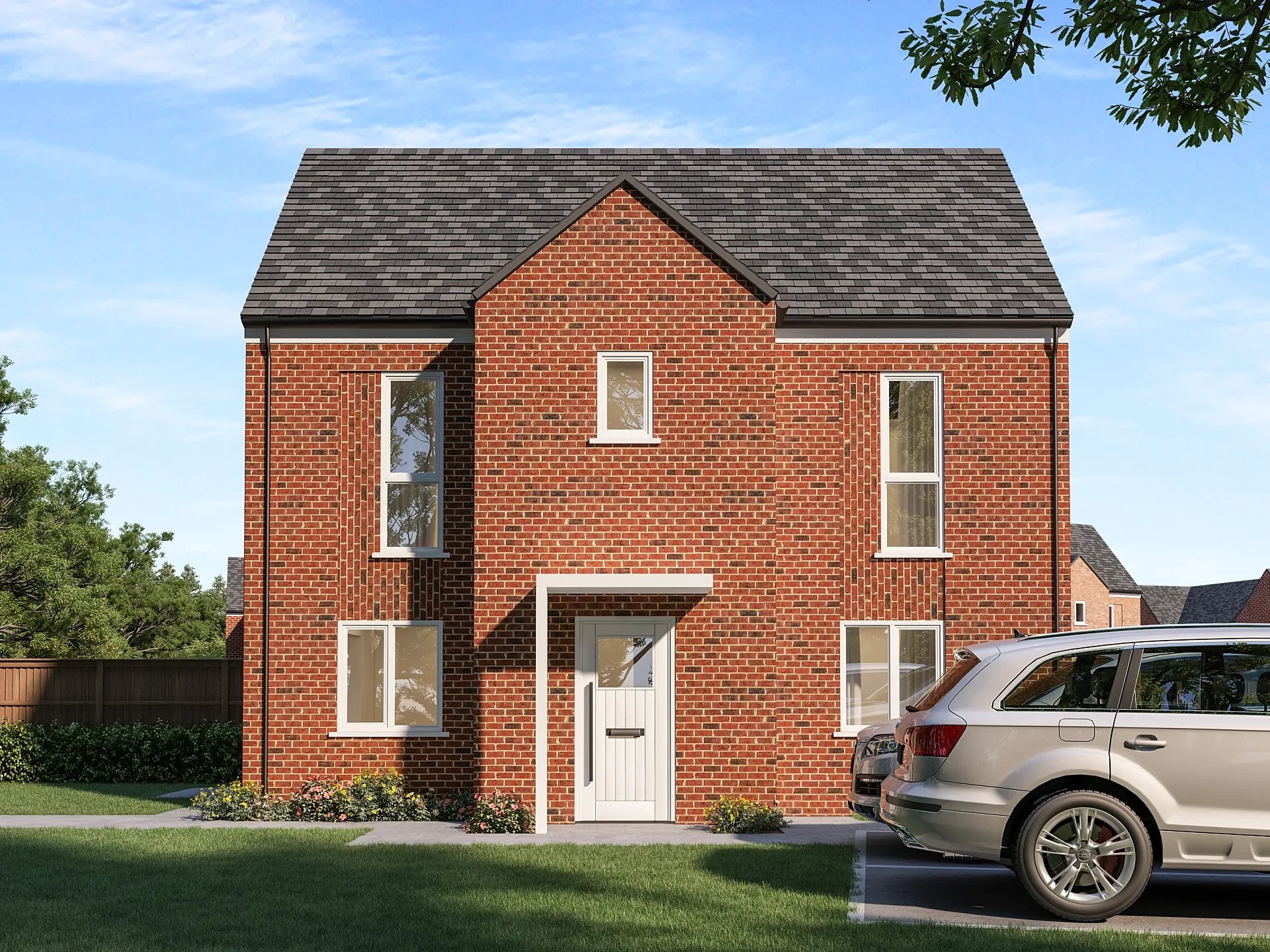 Front 3D render of a brick house with corner window