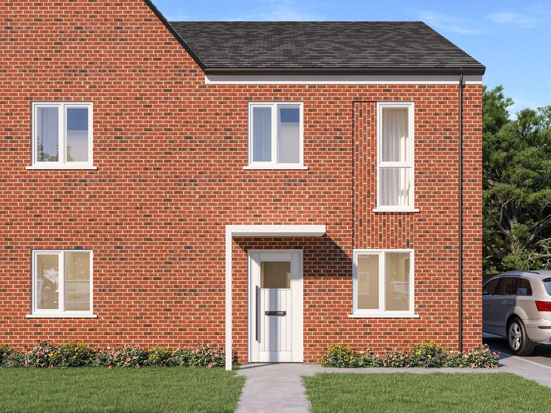 Front 3D render of a brick house with gabled porch