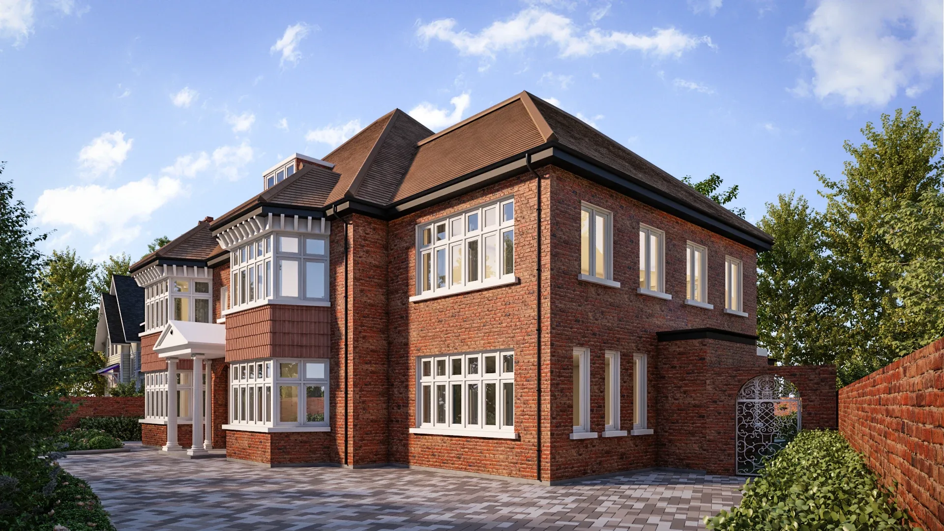 Front elevation 3D render of a period-style brick residence