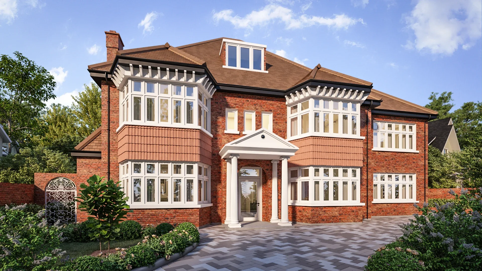 Front three-quarter 3D render of a brick residence with driveway
