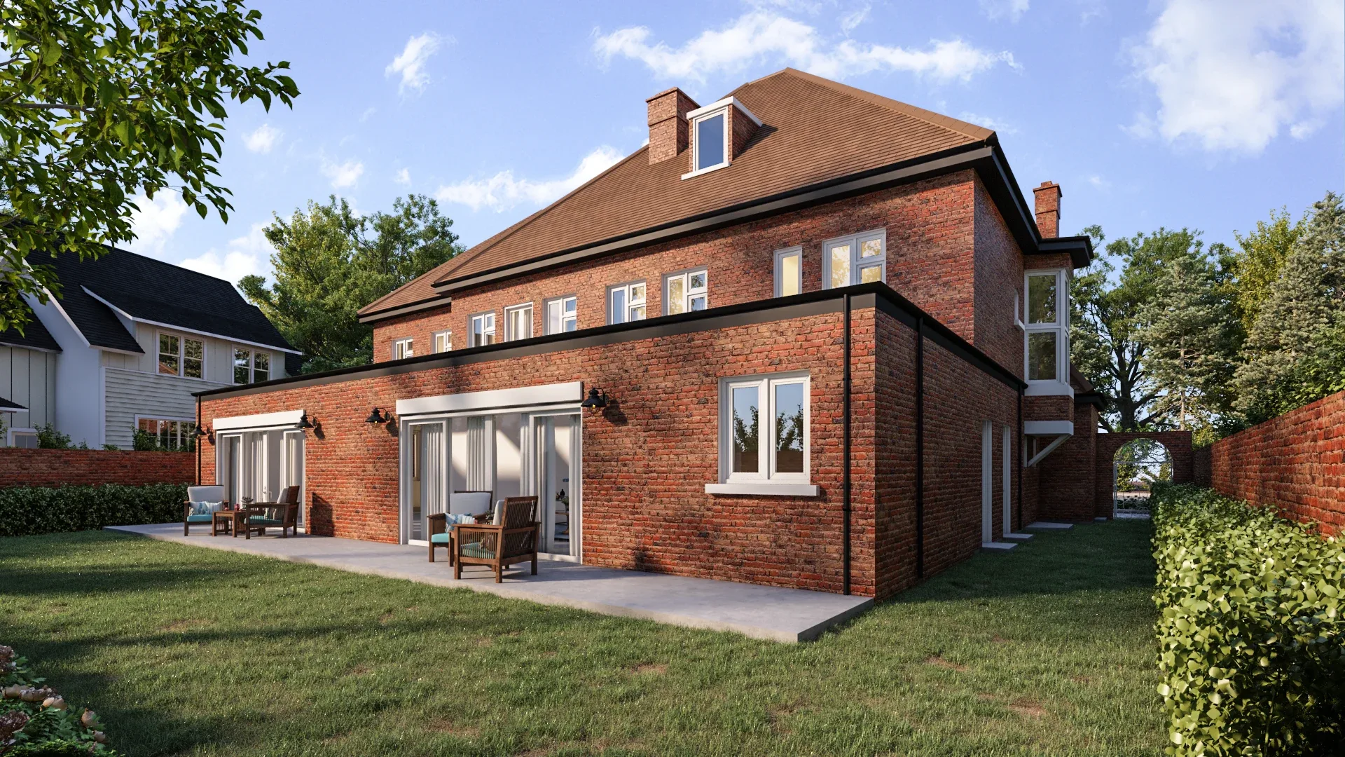 Rear garden 3D render of a brick residence with terrace