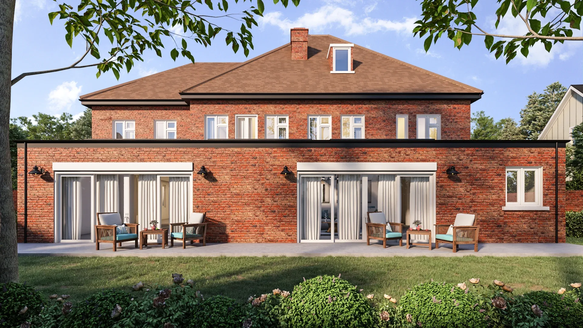 Side terrace 3D render of a brick residence