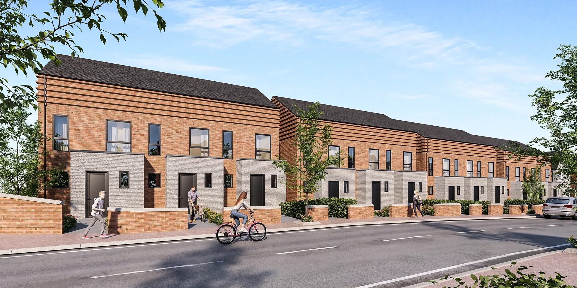 Street-level 3D render of a terrace of brick townhouses with front gardens