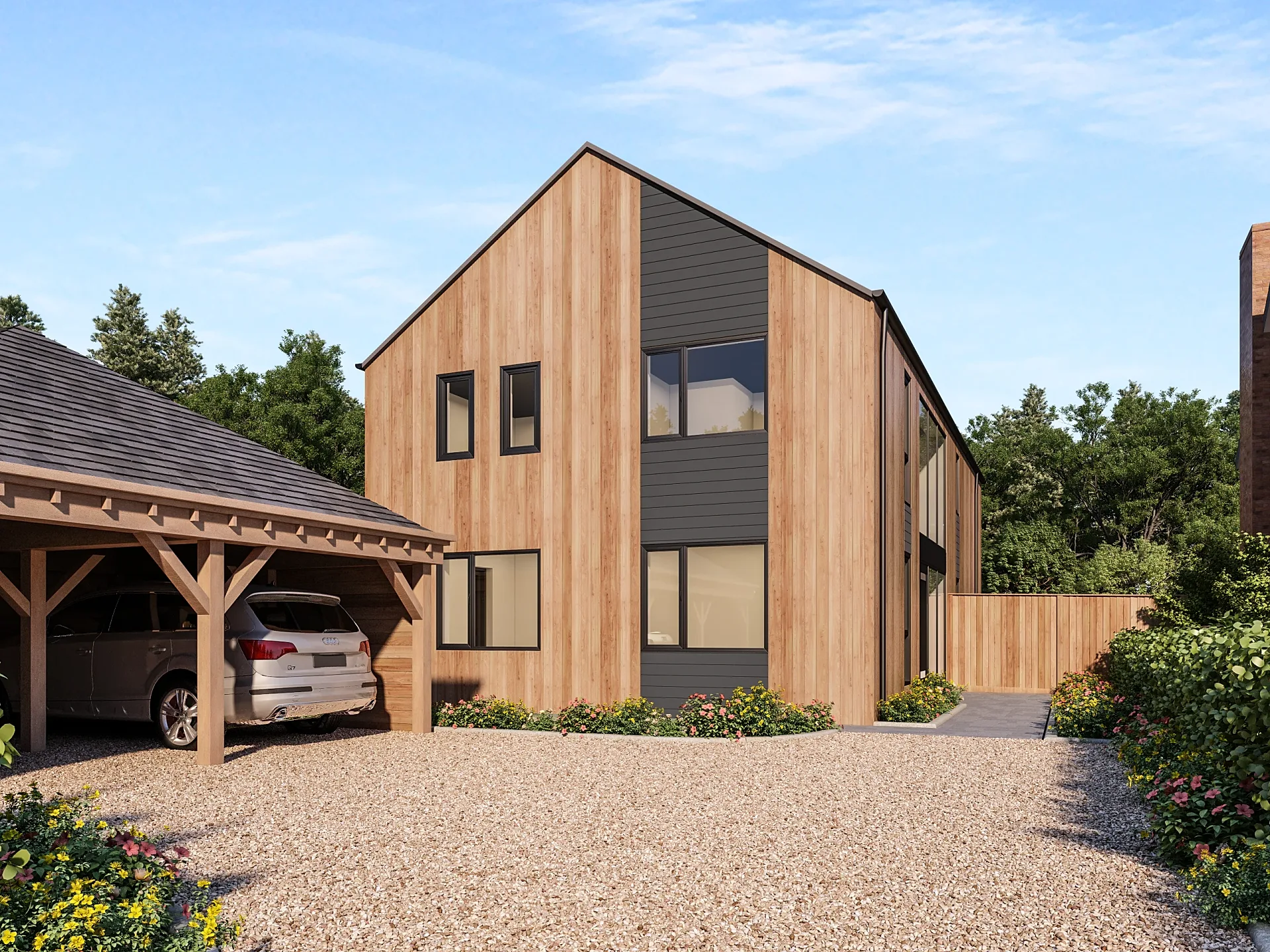 Front exterior 3D render of a cedar-clad barn-style house with carport
