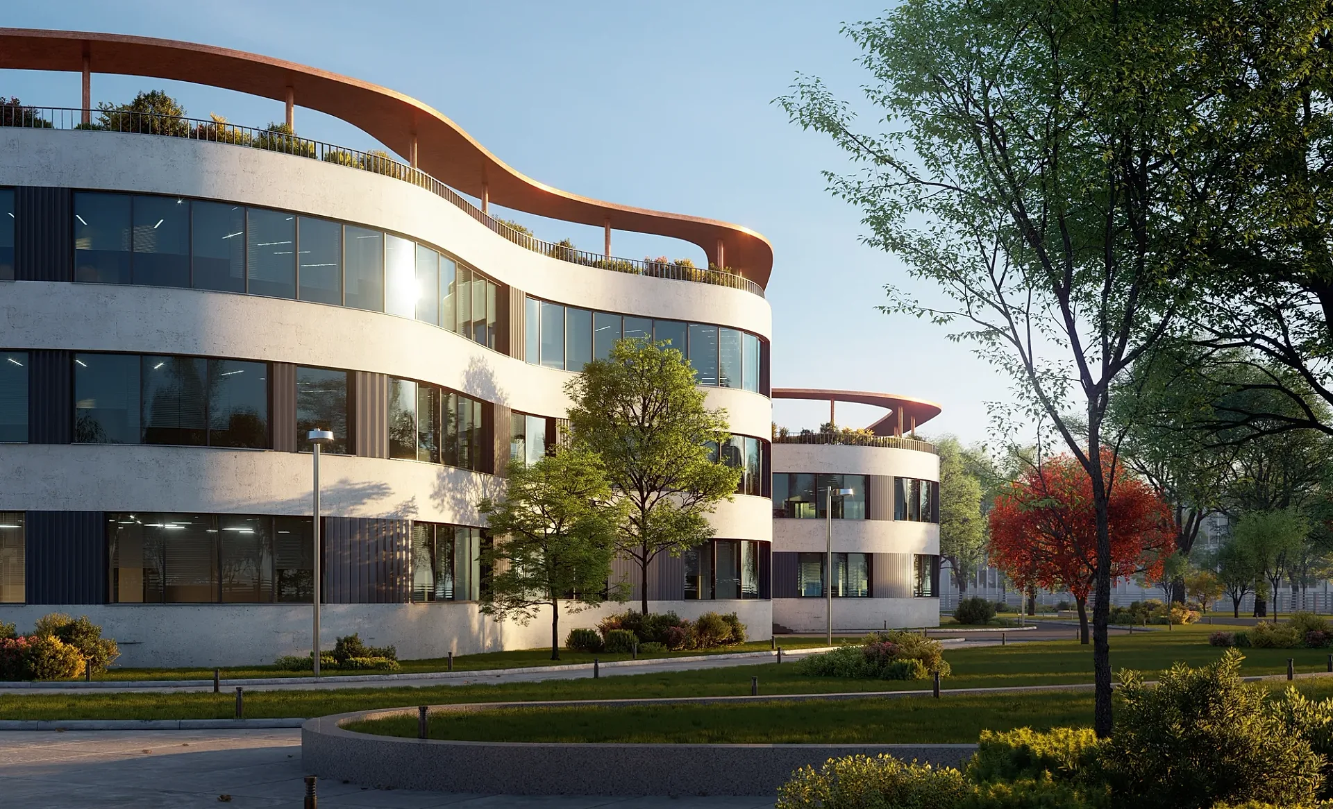 Exterior 3D render of a curved contemporary commercial office building